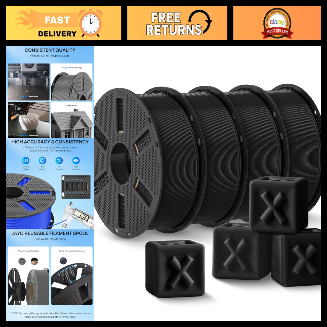PLA Plus 3D Printer Filament 1.75mm, 1.1kg Bundle, 4-Pack, Black - High Quality