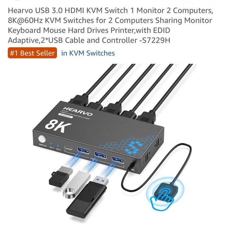 USB 3.0 HDMI KVM Switch with EDID Adaptive 2HDMI Cable, 2USB Cable, Controller