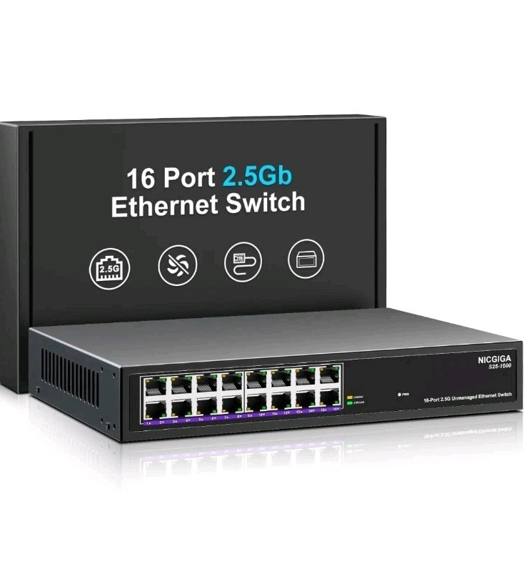 16 Port 2.5Gb RJ45 Ethernet Switch Unmanaged, NICGIGA 16 Port Network Switch