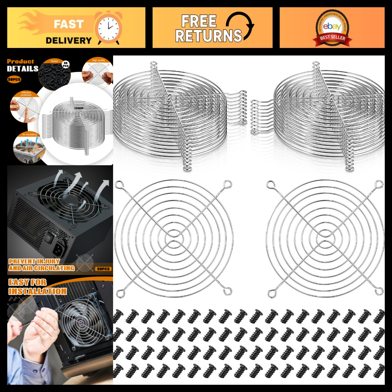 20 Pack 120mm PC Fan Grill Guard Cover with Screws - Durable Protection & Easy I