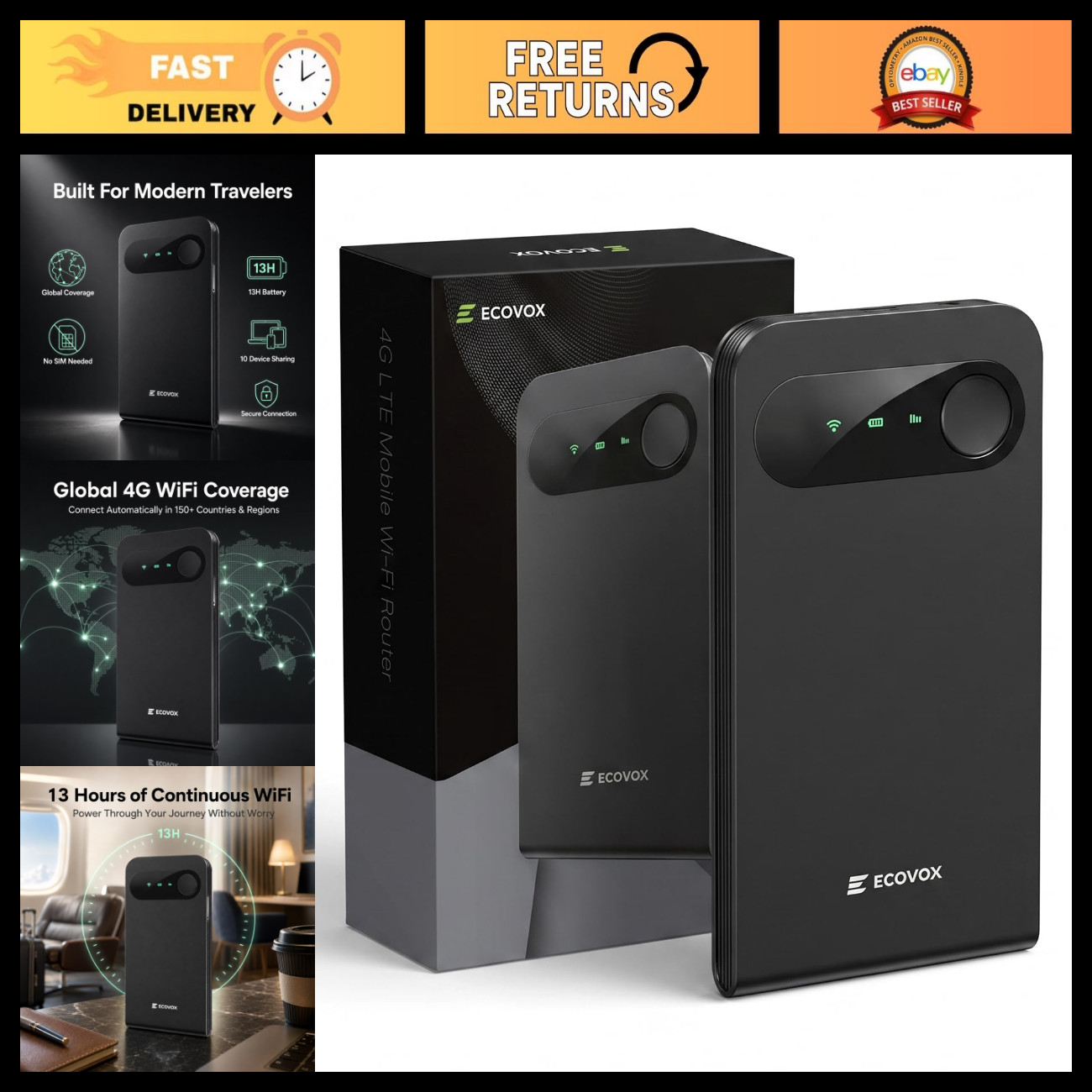 Portable 4G LTE WiFi Hotspot, SIM-Free Travel Device, 3500mAh Battery, Connects