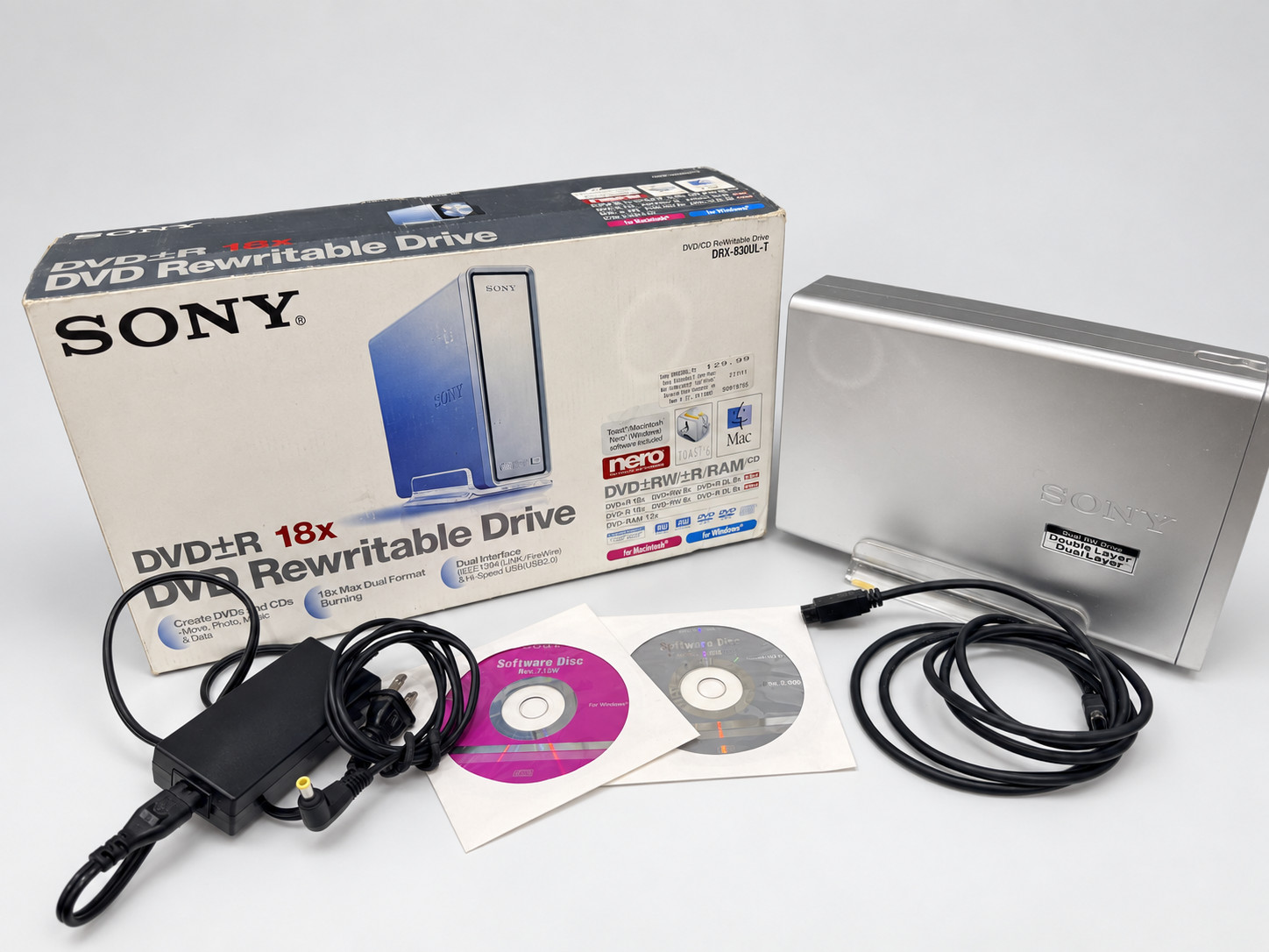 Sony DRX-830UL-T External DVD CD RW Drive USB FireWire Box Cables Stand