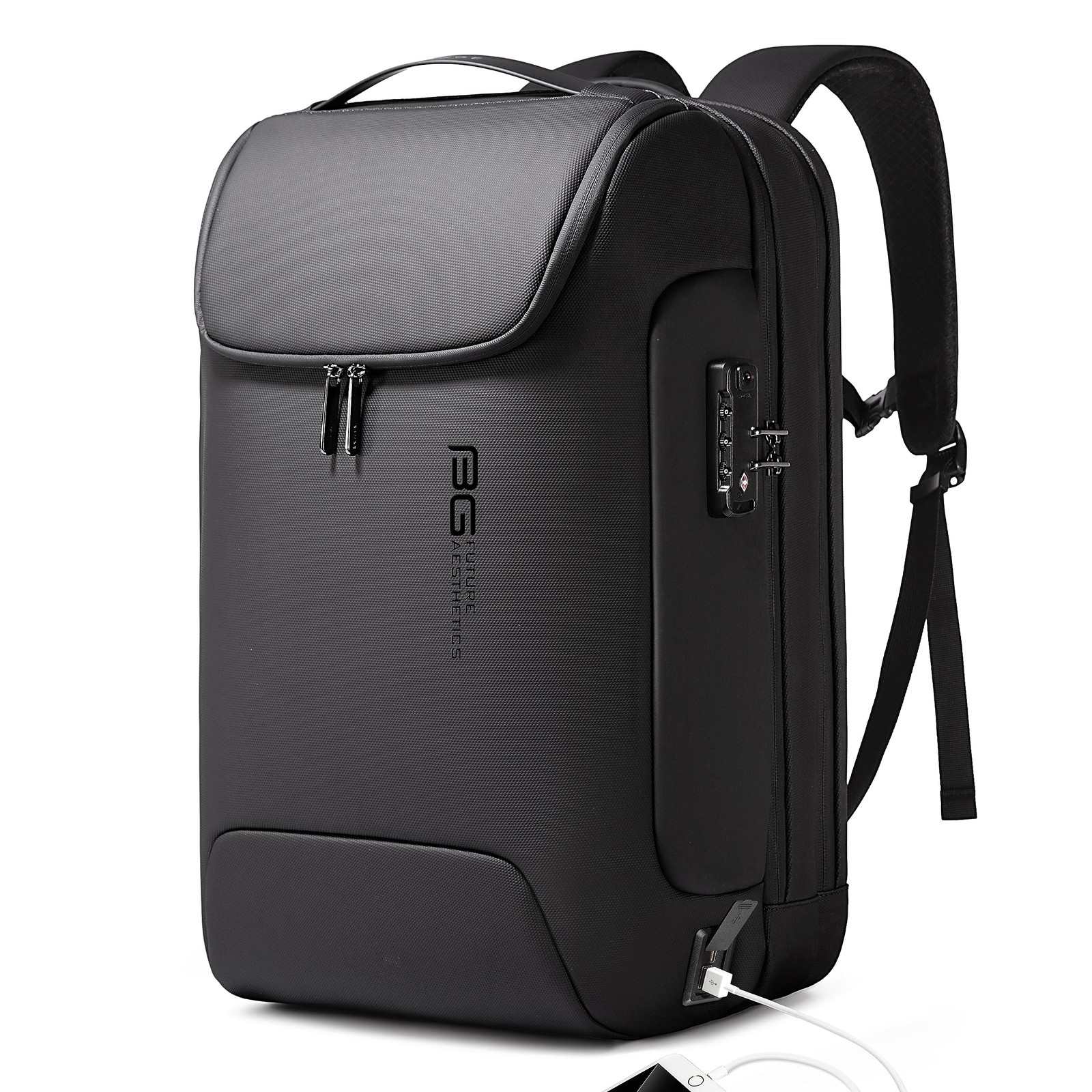 BANGE Anti-Theft Backpack with USB Charging Port for Men, lock and usb, Black