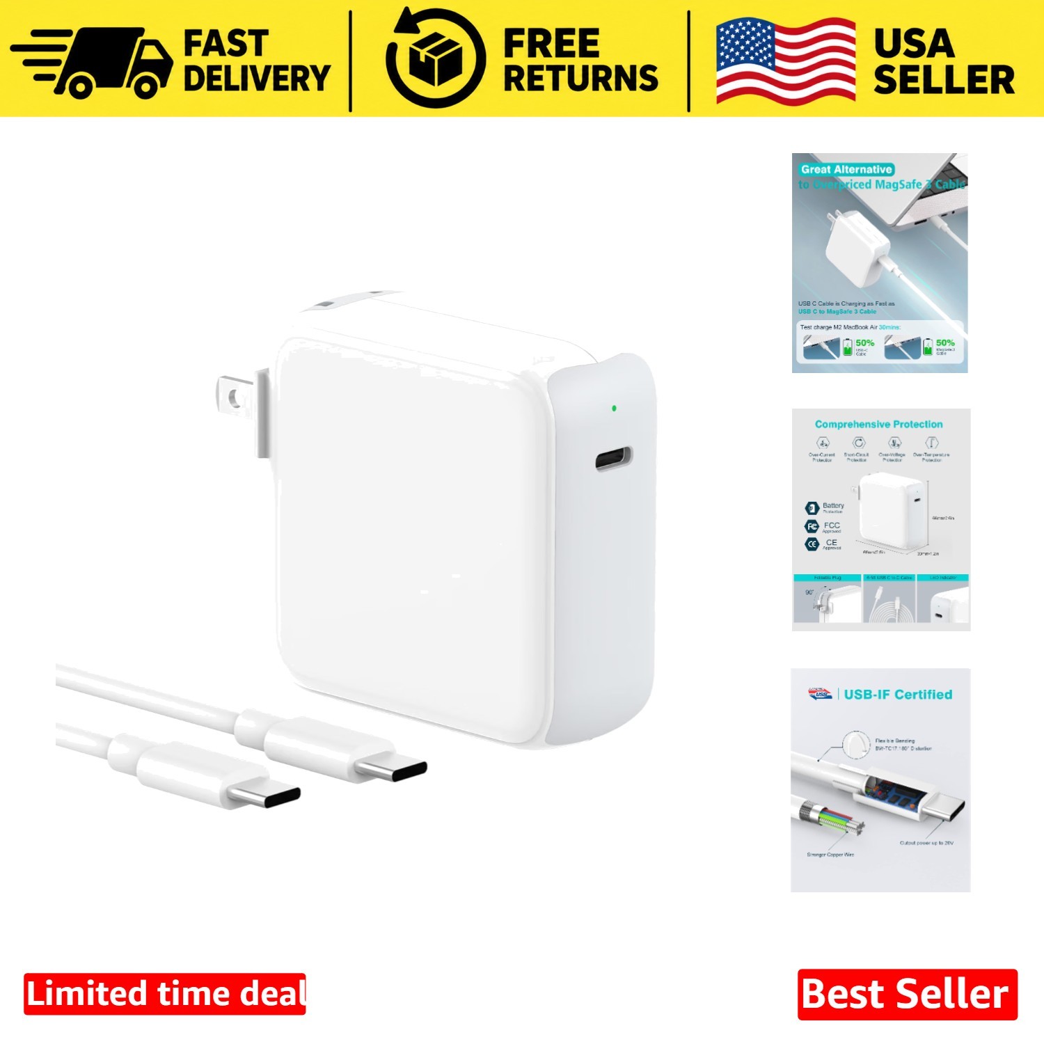 70W USB-C Wall Charger with Cable for MacBook, iPad and USB-C Devices