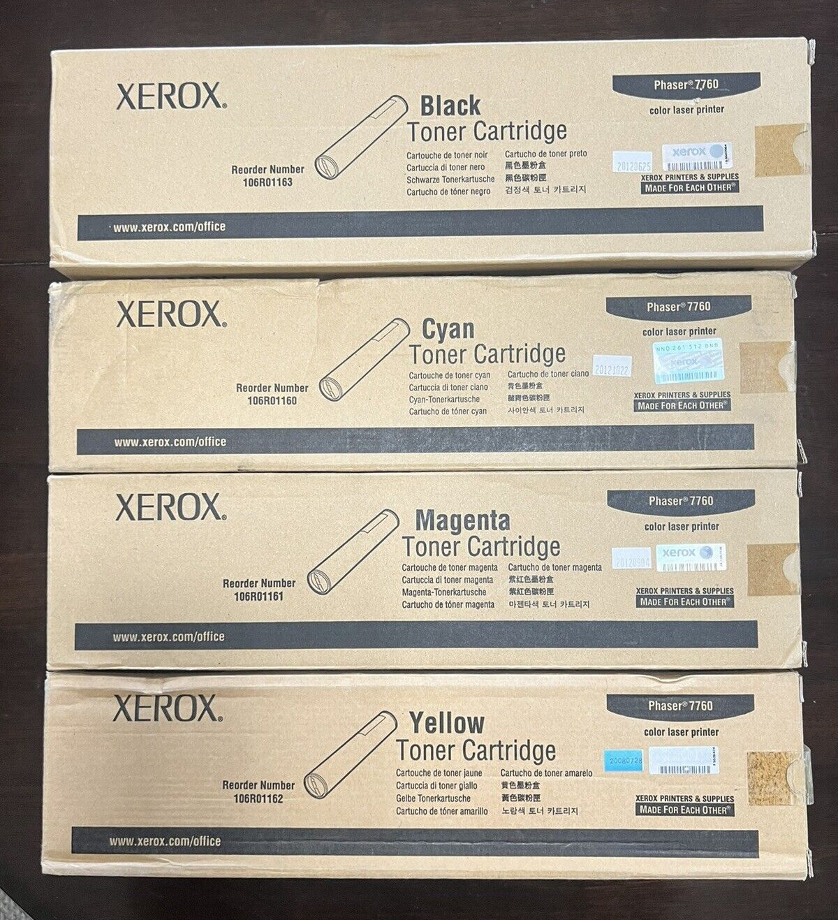 Set of 4 Genuine OEM Xerox Toner Print Cartridges for Phaser 7760 CMYK.