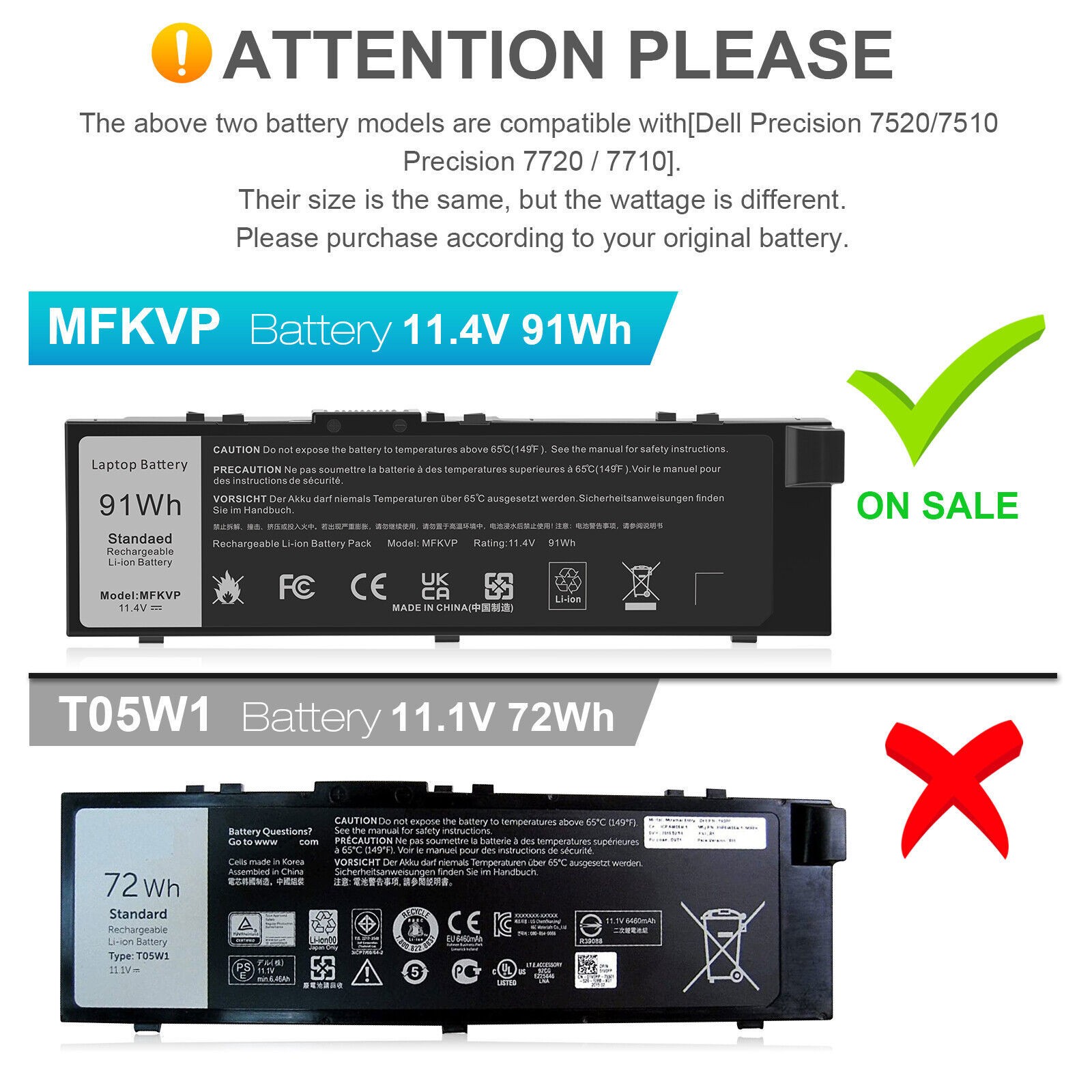LOT MFKVP Battery For Dell Precision 15 7510 7520 17 7710 7720 M7510 M7710 91Wh