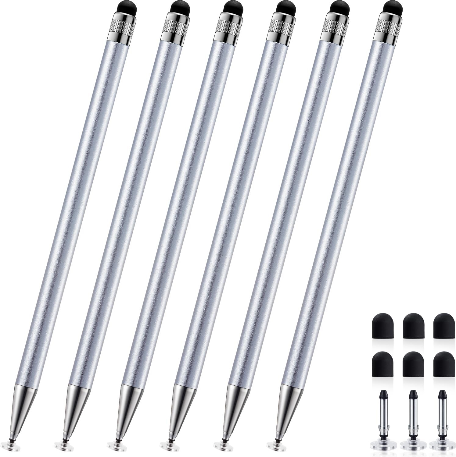 6 Pack Silver Stylus Pen Set for Touch Screen Phone 2-in-1 Stylus Pen
