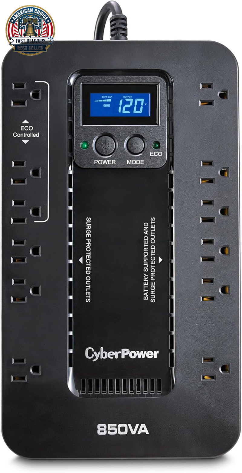 Cyberpower EC850LCD Ecologic UPS Battery Backup and Surge Protector, 850VA/510W,