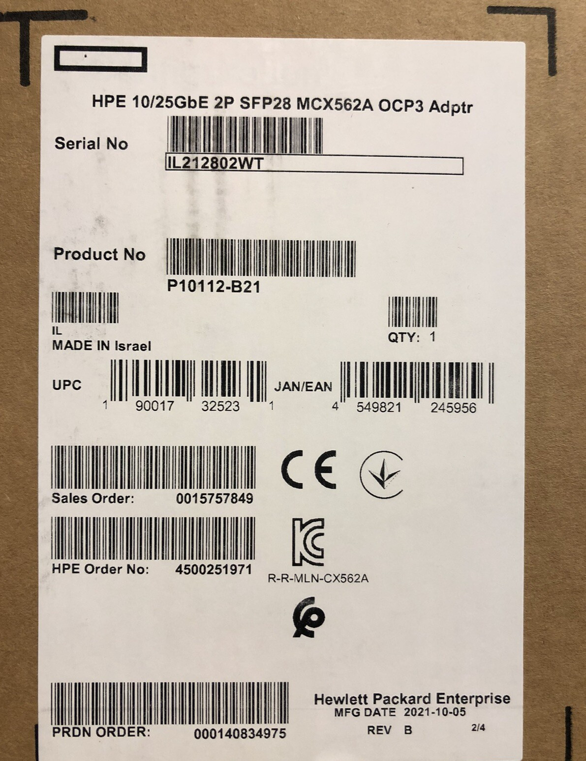 HPE 10/25G 2P SFP28 MCX562A-ACAI OCP3 NIC Network Adapter 2 Port 10GbE 25GbE 25G
