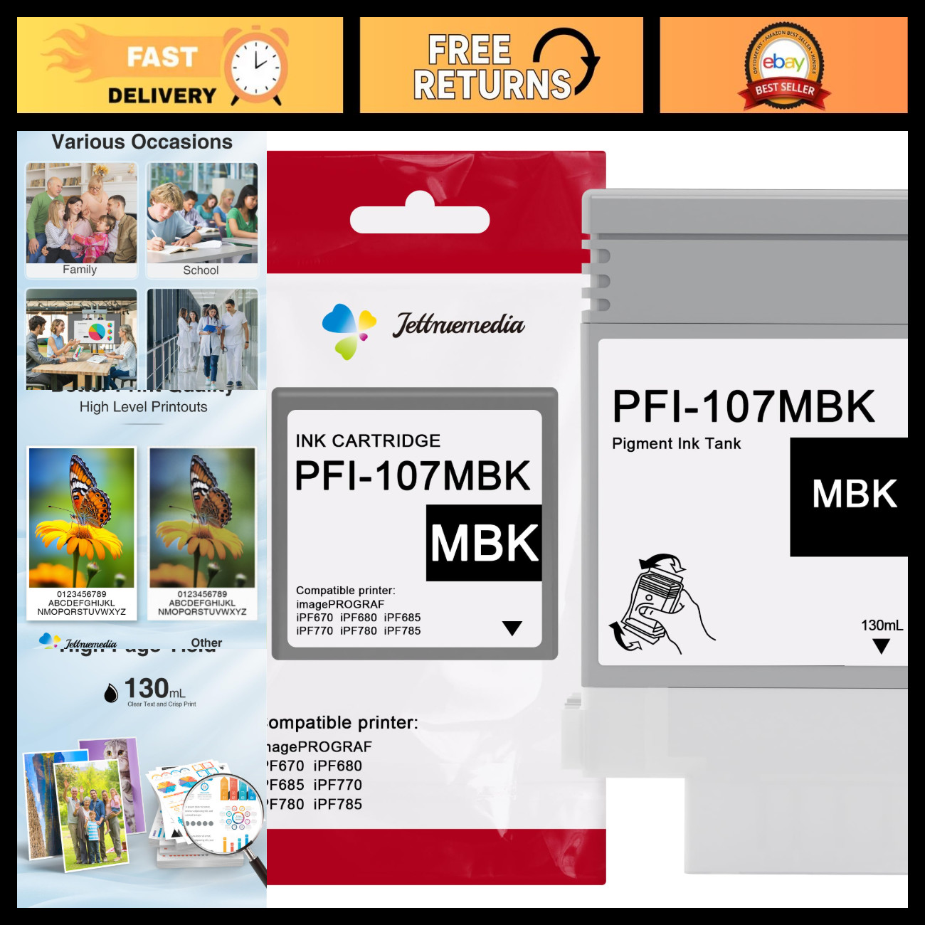 Matte Black Ink Cartridge 130ML Compatible for Canon iPF670/680/685/780/785