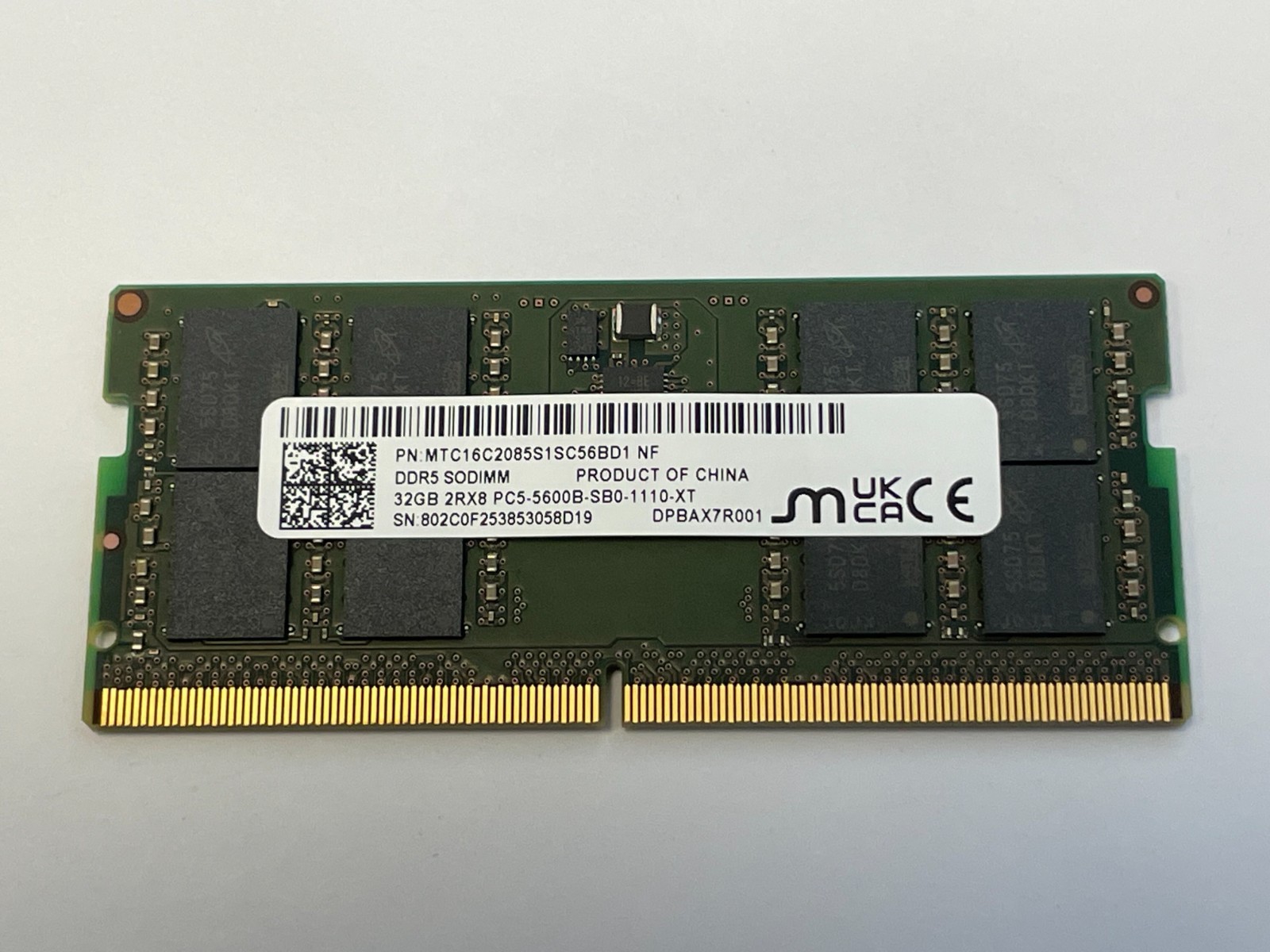 Micron 32GB (1 Stick) PC5-44800 DDR5 5600B SODIMM Memory MTC16C2085S1SC56BD1