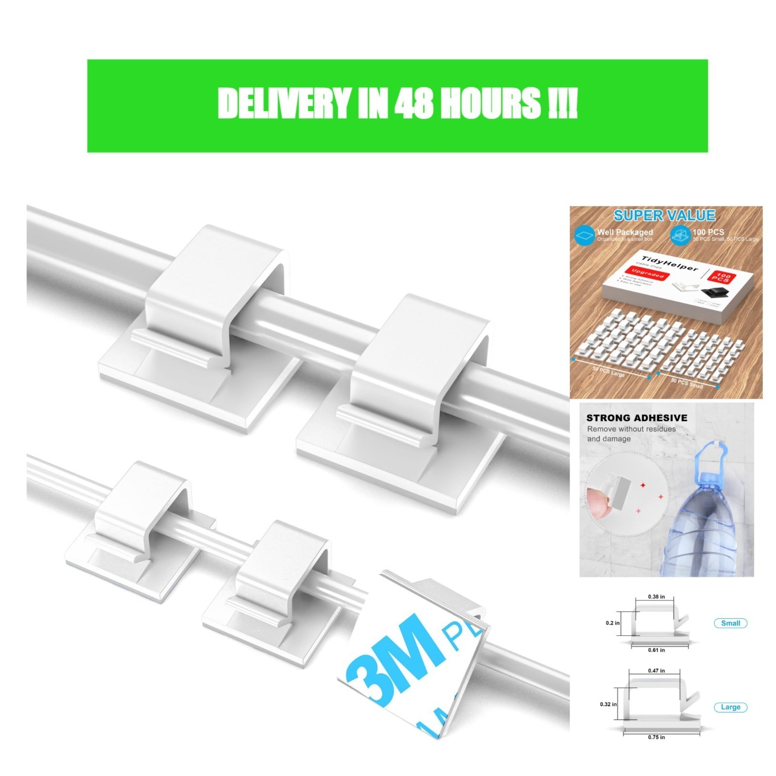 TidyHelper 100 Pcs Adhesive Cable Clips White Small & Large Cord Organizer