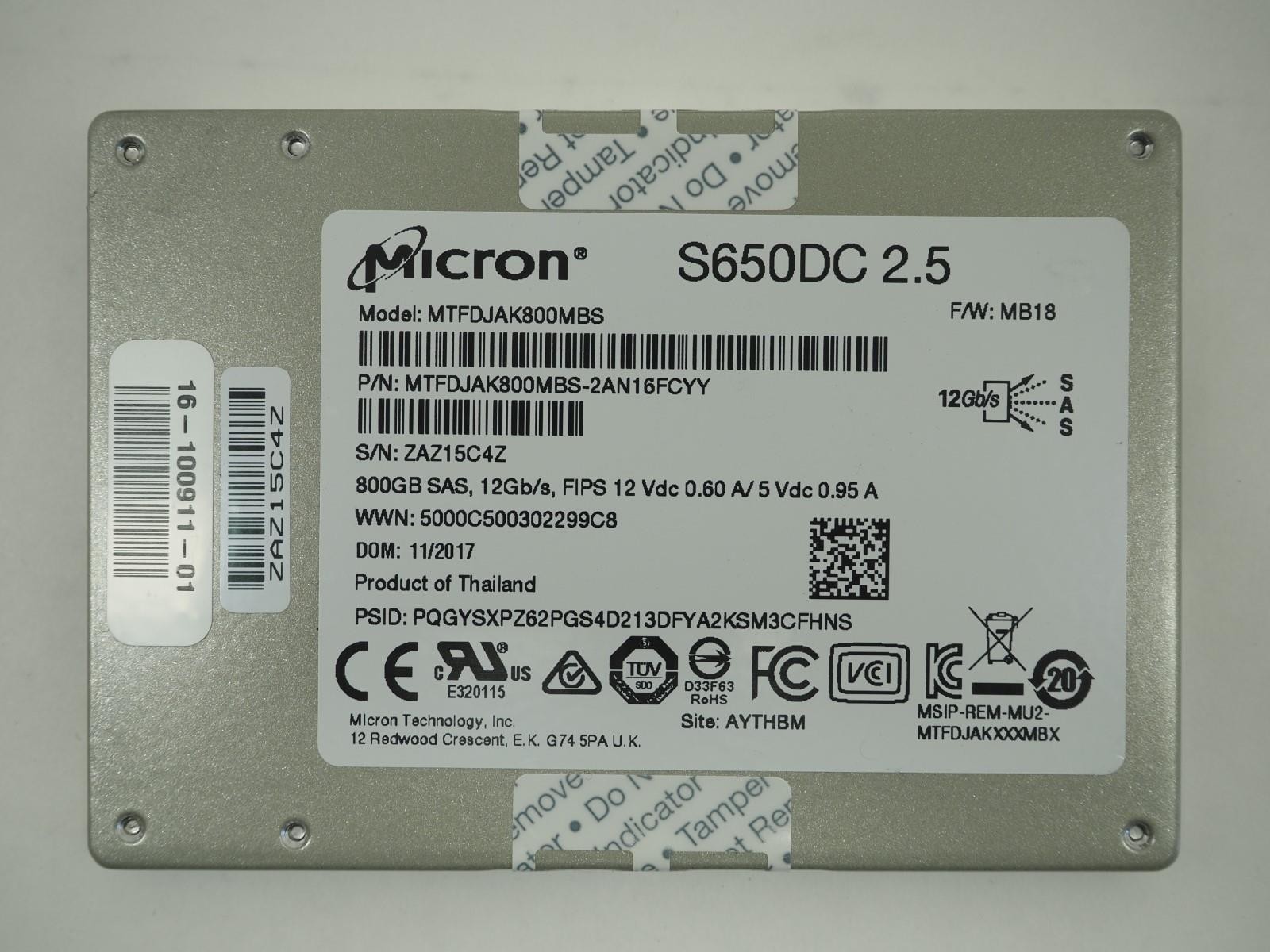 MICRON S650DC 800GB 2.5" SAS SSD Solid State Drive Tested, Wiped -MTFDJAK800MBS