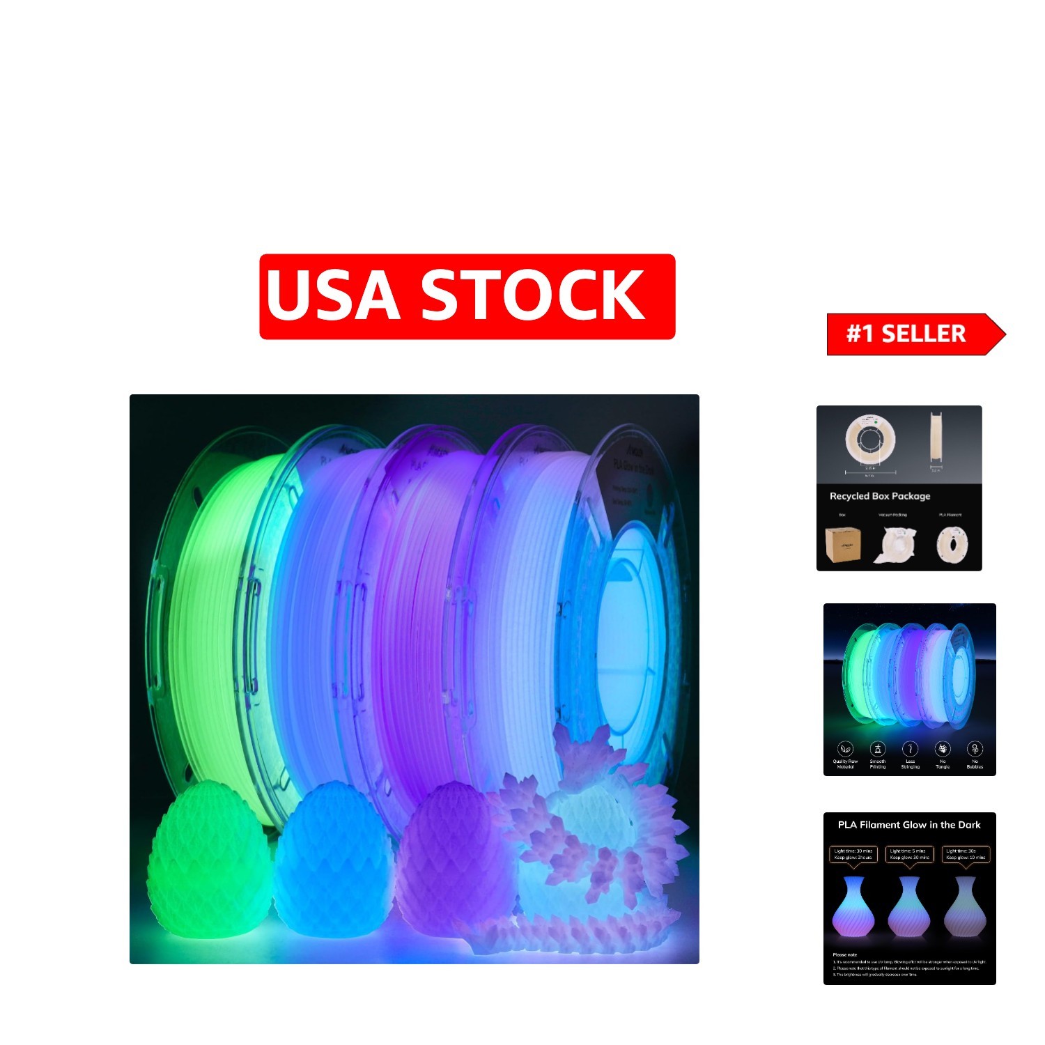 Glow in The Dark PLA Filament - Perfect for Stunning 3D Prints, 4 Colors