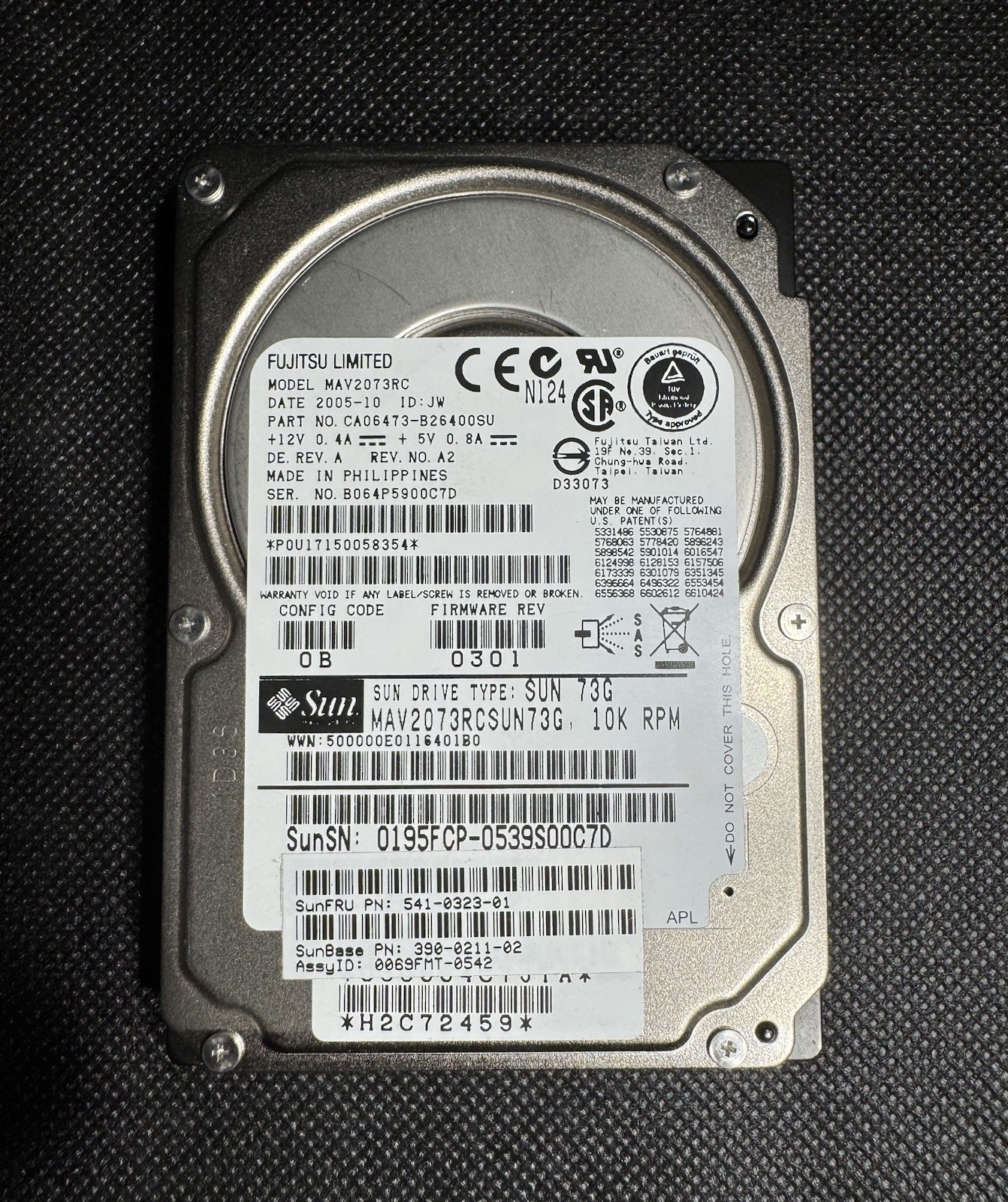 Sun 390-0211 73GB 2.5" 10K RPM 3Gb/Sec SAS HDD, Fujitsu MAV2073RC Allegro 9SE