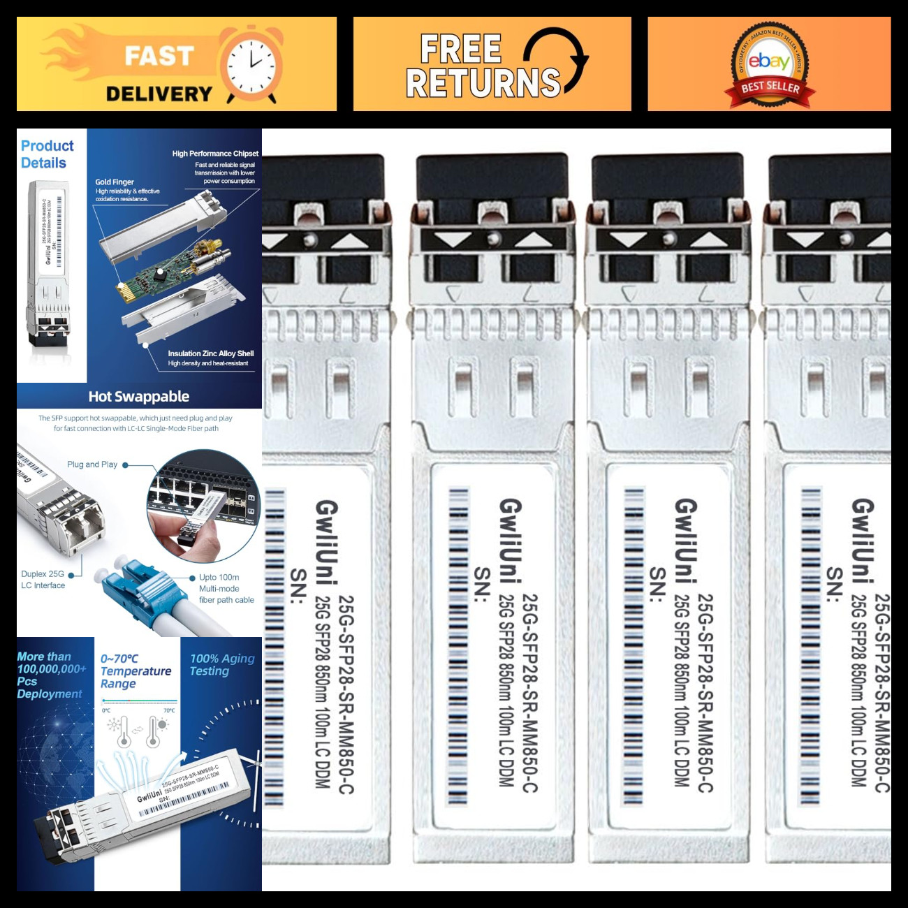 4Pcs 25G SFP28 Multi-Mode Fiber Module Transceiver, SR 850nm 100m, Duplex LC for