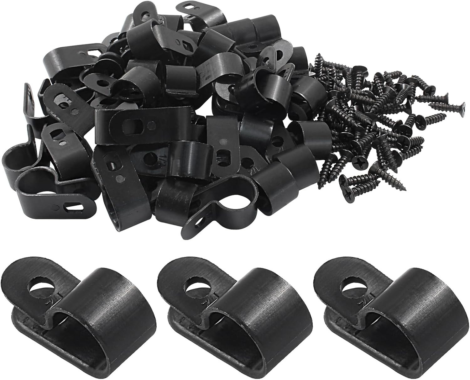 50 Pack 1/2 Inch R-Type Cable Clips Cable Clamp Black Mounting Clip | Nylon Wire