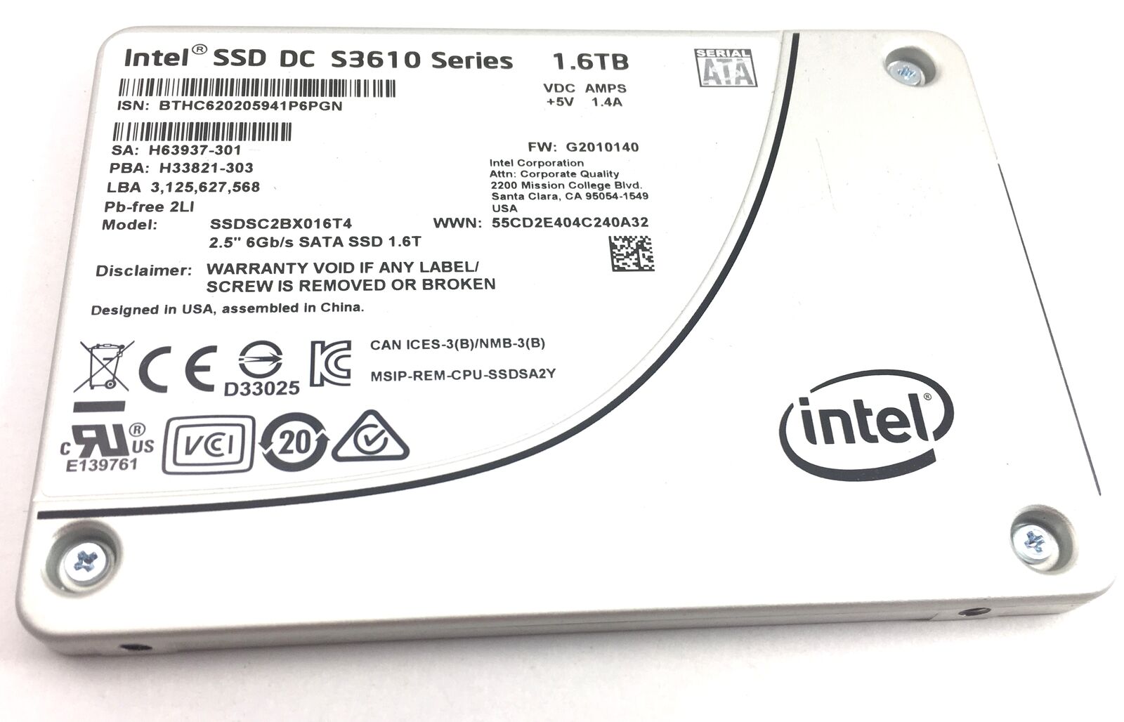 SSDSC2BX016T4 Intel SSD DC S3610 1.6Tb 6Gbps SATA 2.5'' Solid State Drive 