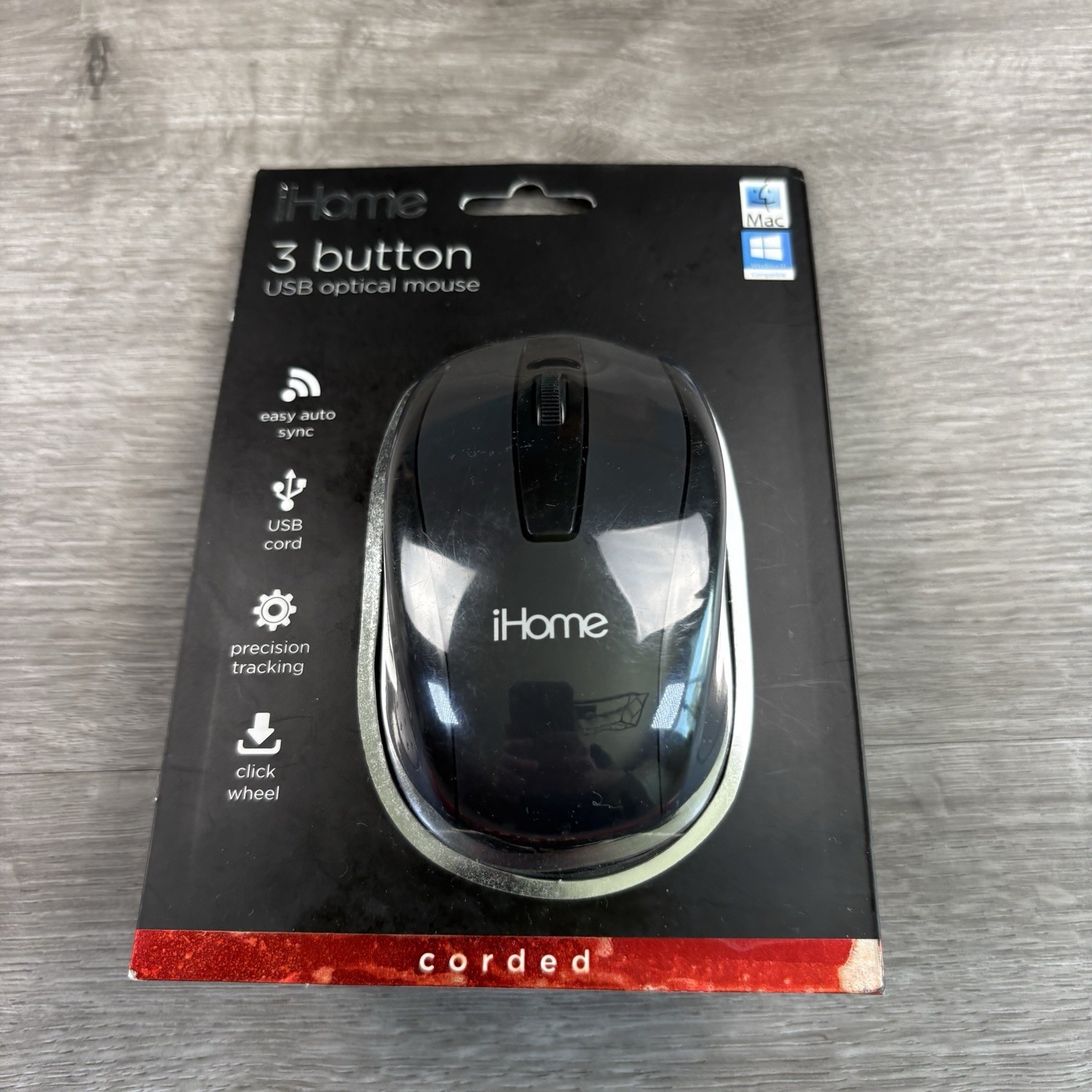 iHome Optical 3 Button Corded Precision USB Optical Mouse Black Sealed New