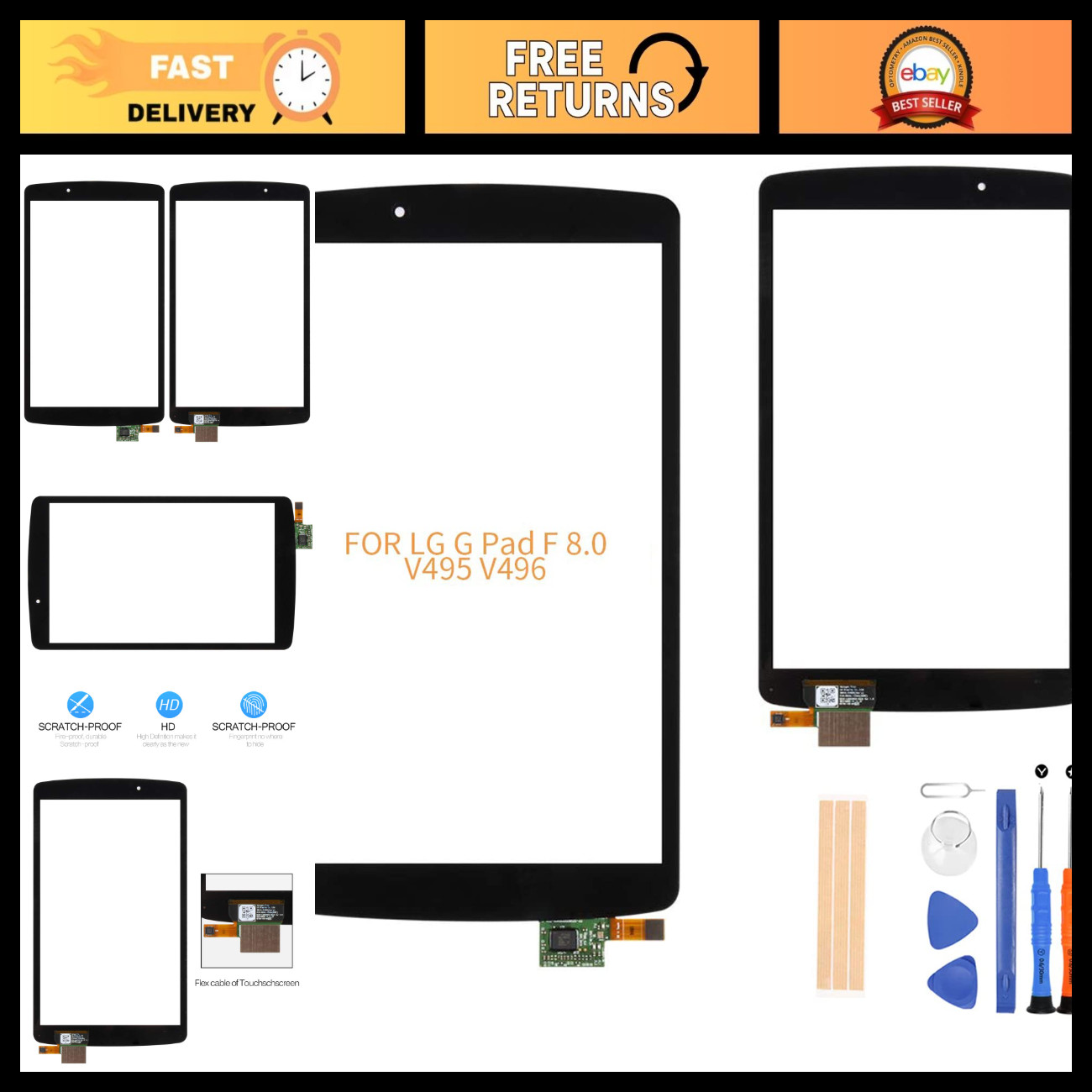 LG G Pad F 8.0 V495 V496 Touch Screen Replacement Repair Kit + Tempered Glass &