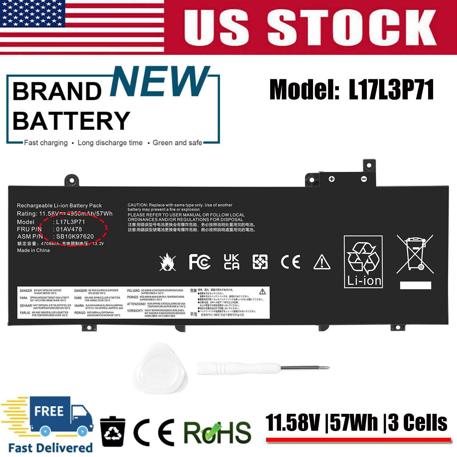 01AV478 Battery For Lenovo ThinkPad T480s Series 11.58V 57Wh 01AV480 01AV479