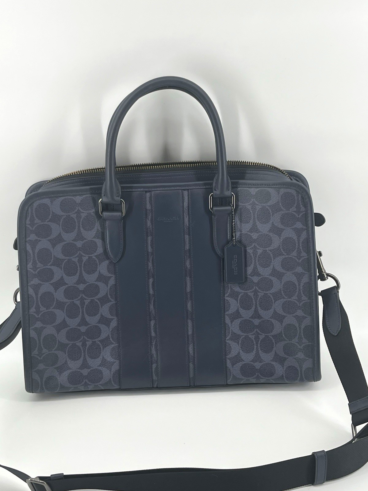 Coach Signature Canvas Laptop Briefcase Navy Blue Adjustable Strap F67766
