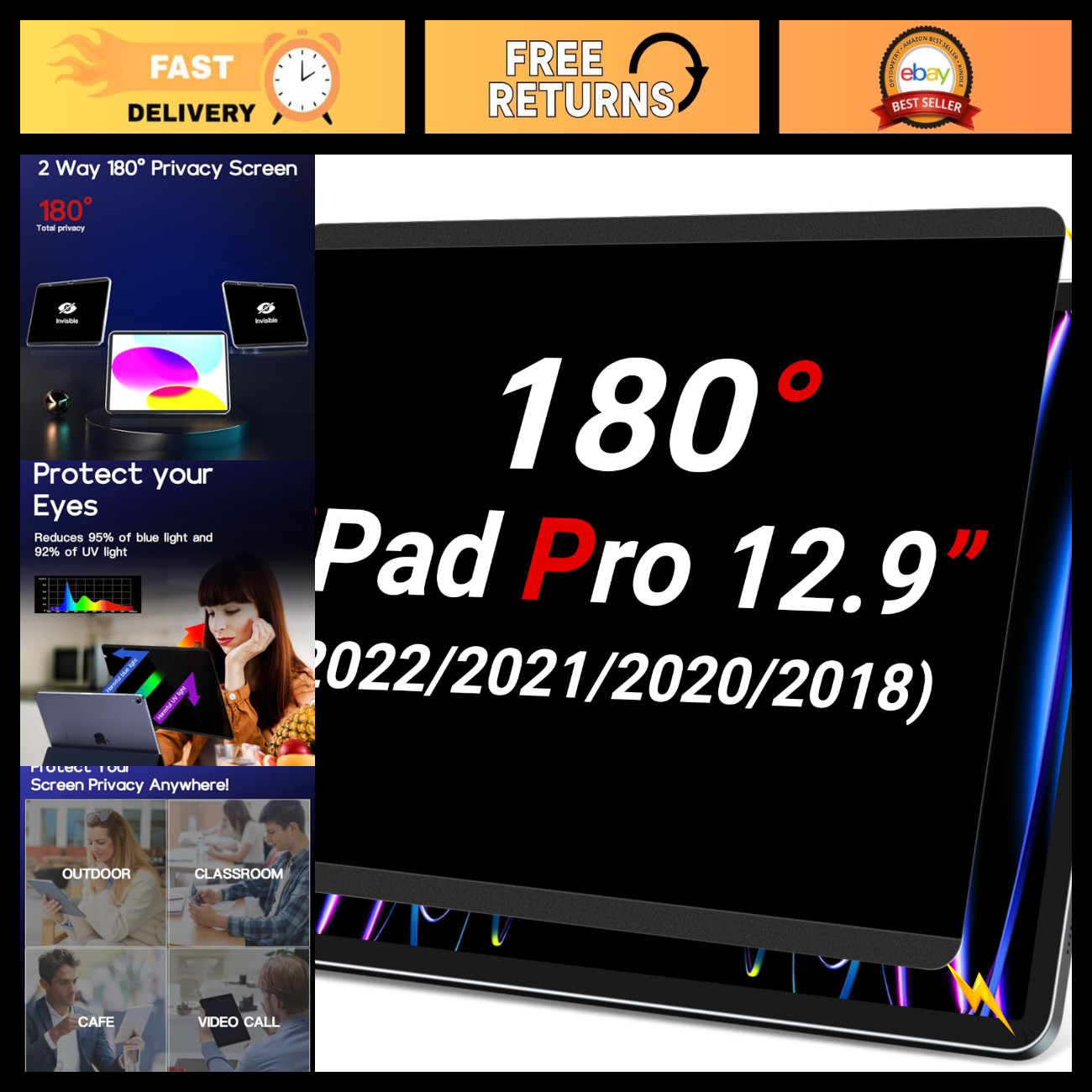 Privacy Screen Protector for iPad Pro 12.9 - Magnetic, Removable, Anti-Blue Ligh