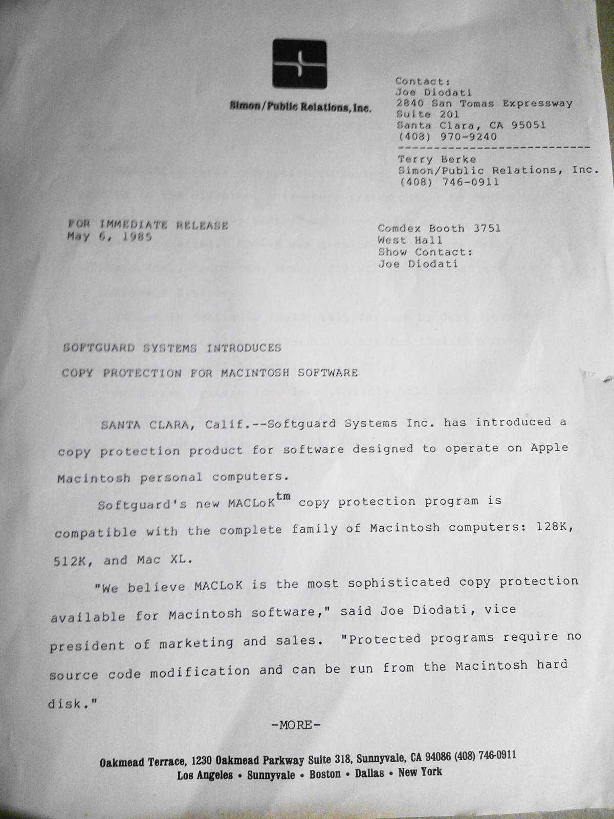1985 MACLoK - press release - copy protection for Macintosh software