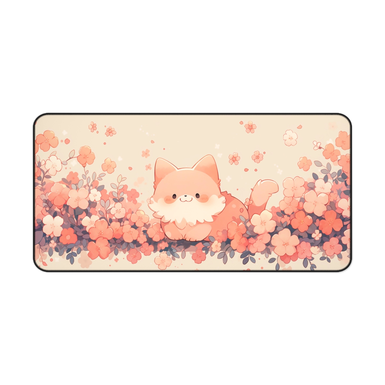 Kawaii Cat & Flowers Desk Mat, Large Mouse Pad Cherry Blossom Gaming Decor