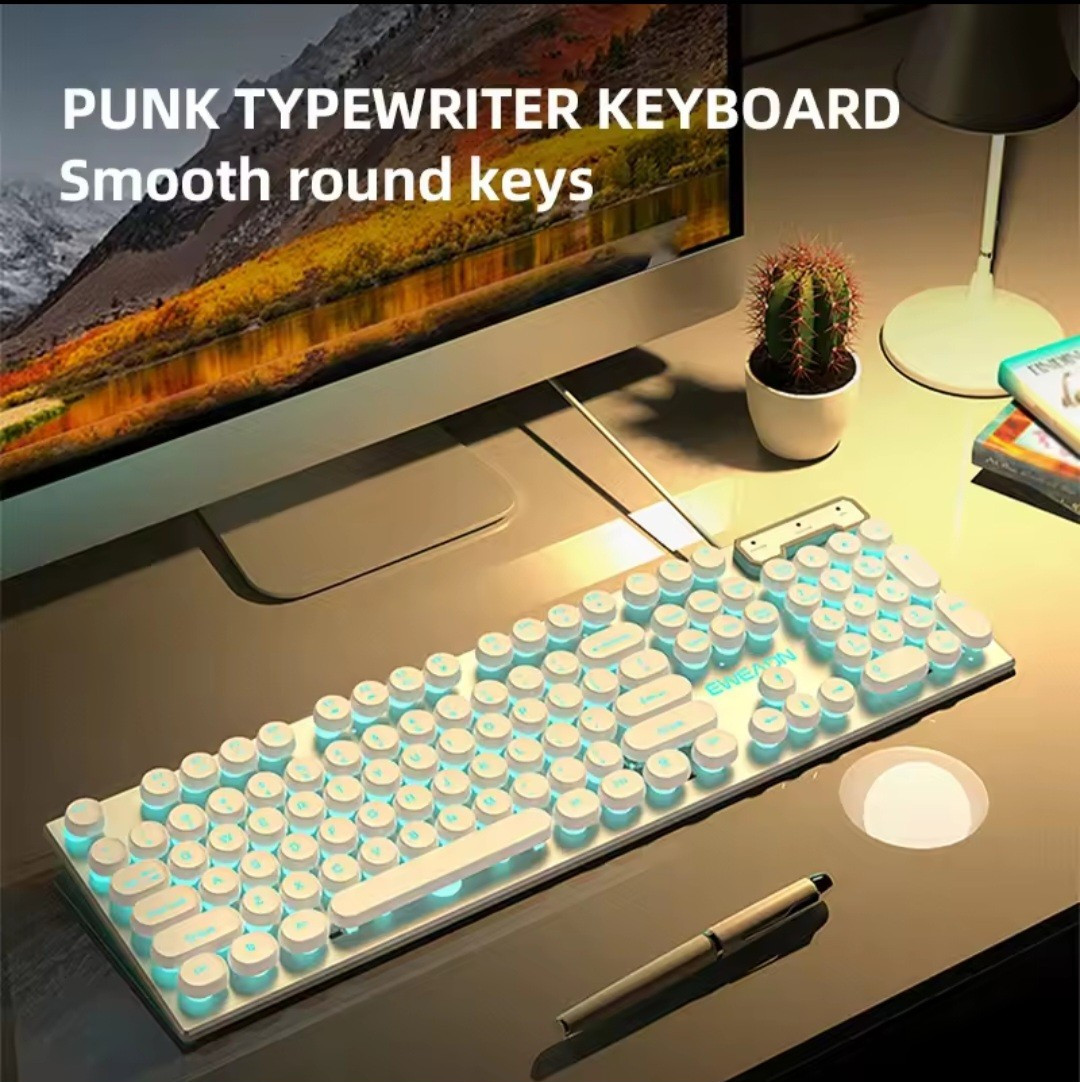 RGB Retro Punk Typewriter Gaming Keyboard Wired 104 Keys LED Backlit USB PC...