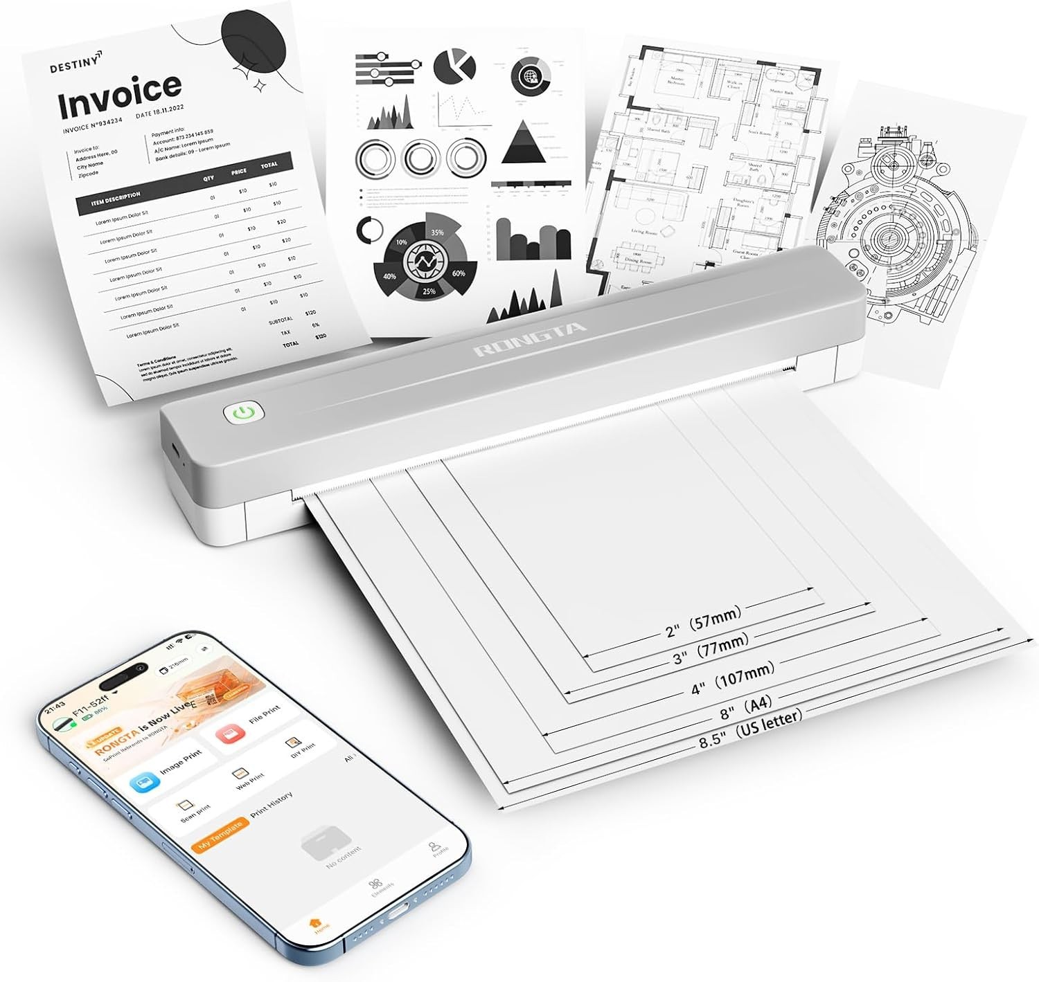 Rongta Portable Wireless Inkless Thermal Printer, Bluetooth, WiFi, USB, 8.5"x11"