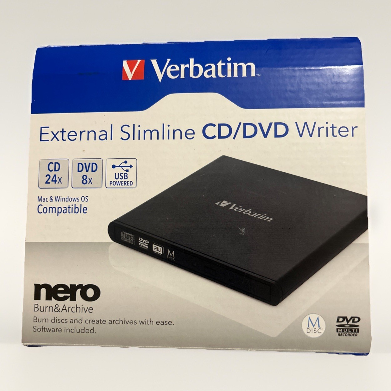 Verbatim External Slimline CD/DVD Writer 98938 Nero USB 2.0 Black CD, Box