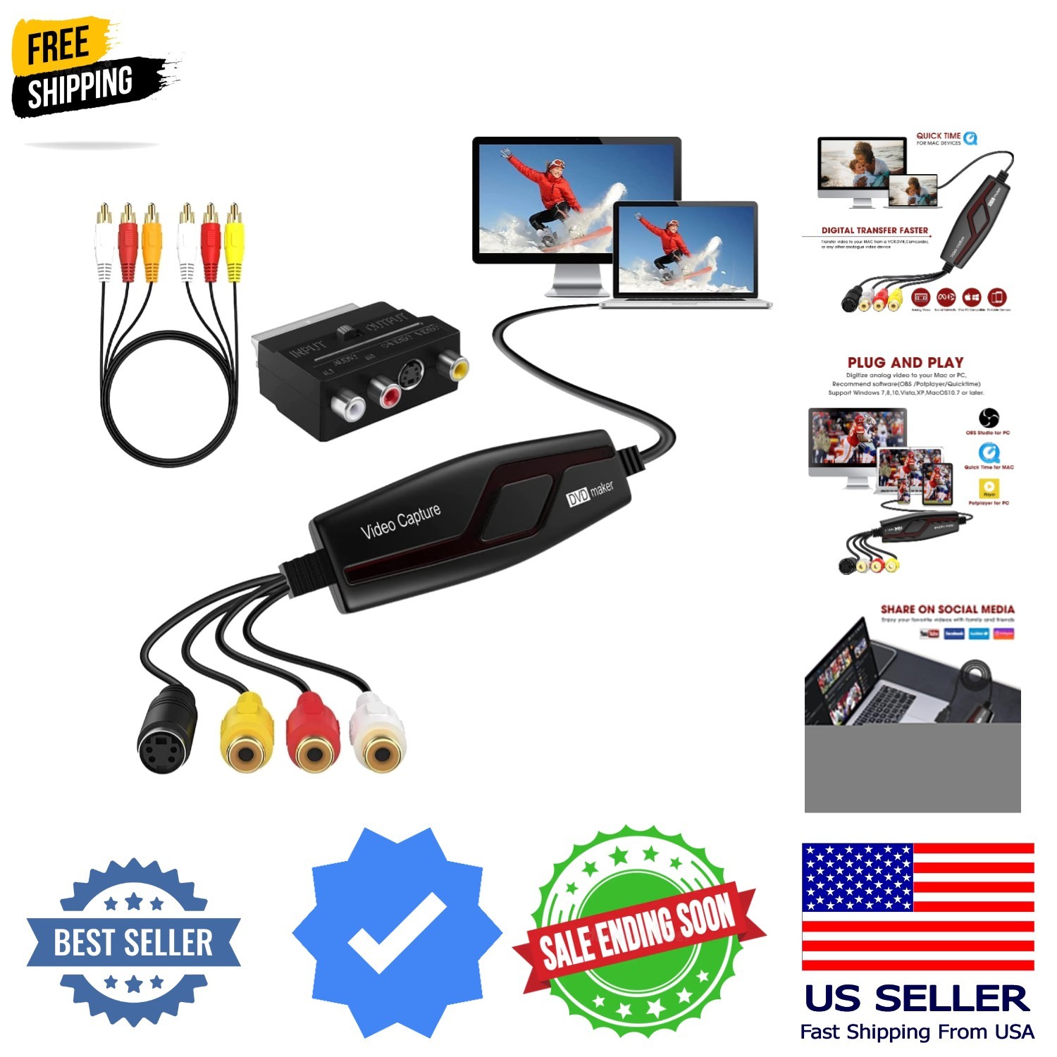 VHS to Digital Converter,Video Capture Card Device,VHS VCR Hi8 Mini DV to Mac...