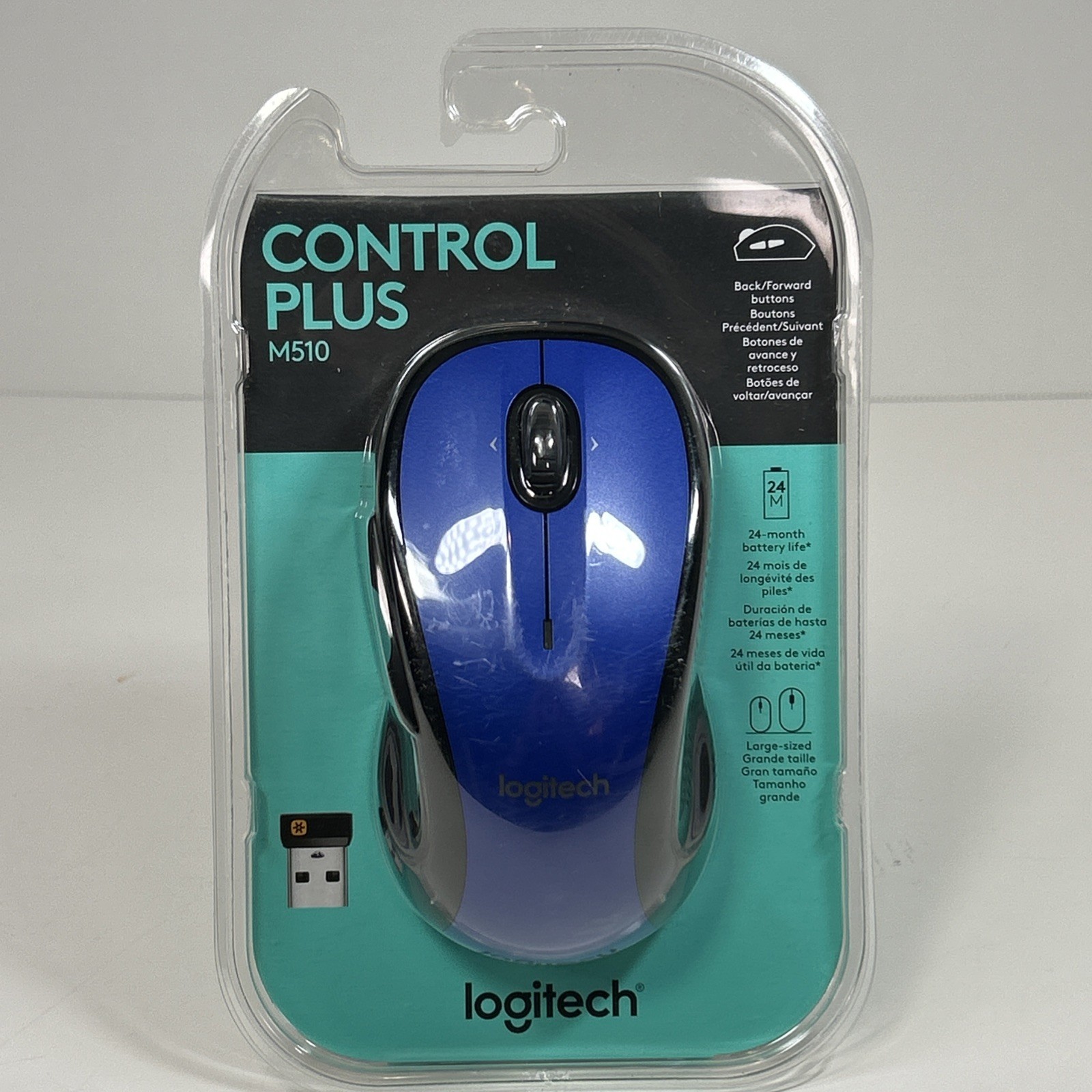 Logitech M510 Control Plus Wireless Mouse Blue Black 7 Button New Sealed