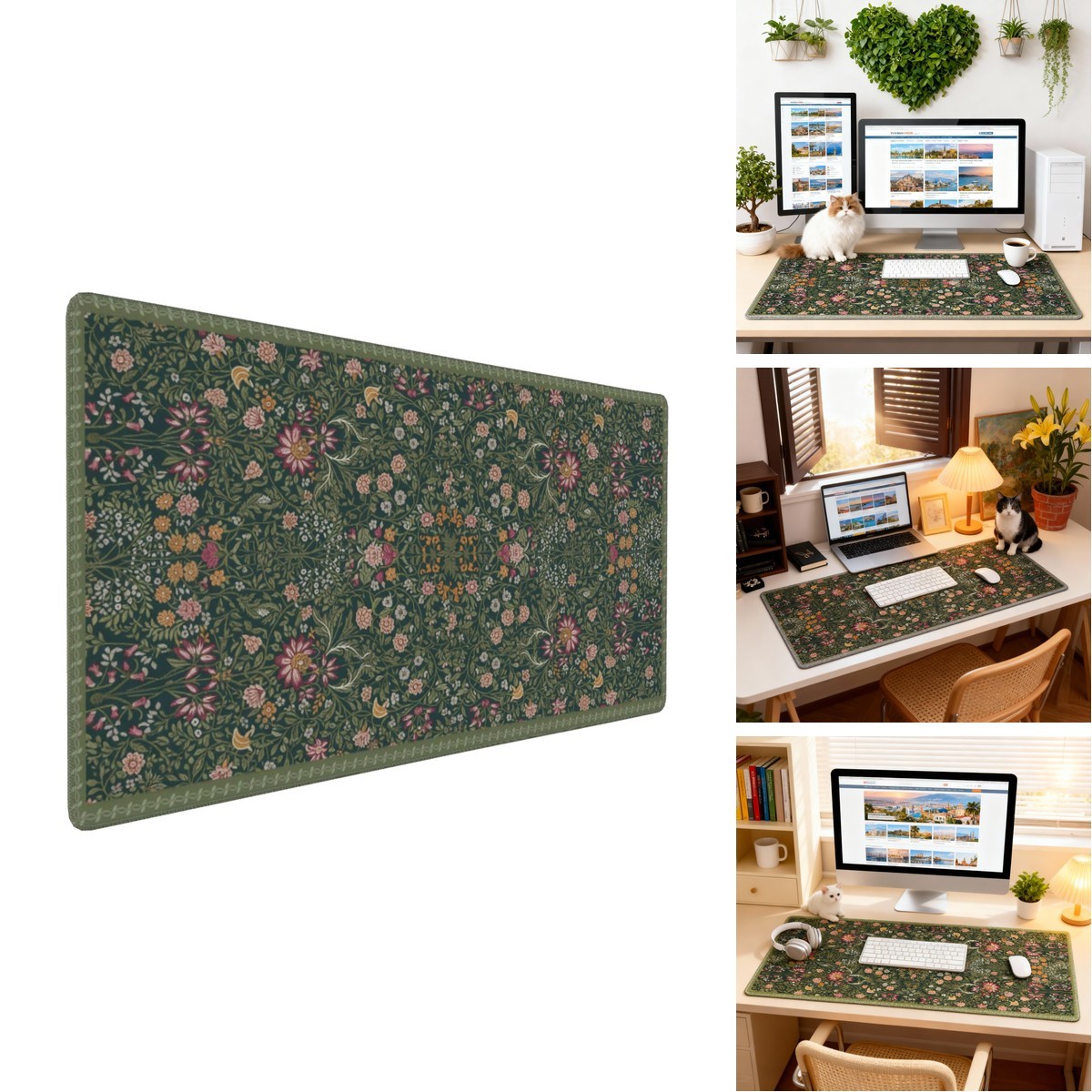 OUNNTC Dark Green Floral XXL Desk Mat, Extra Large Mouse Pad Anti-Slip Base
