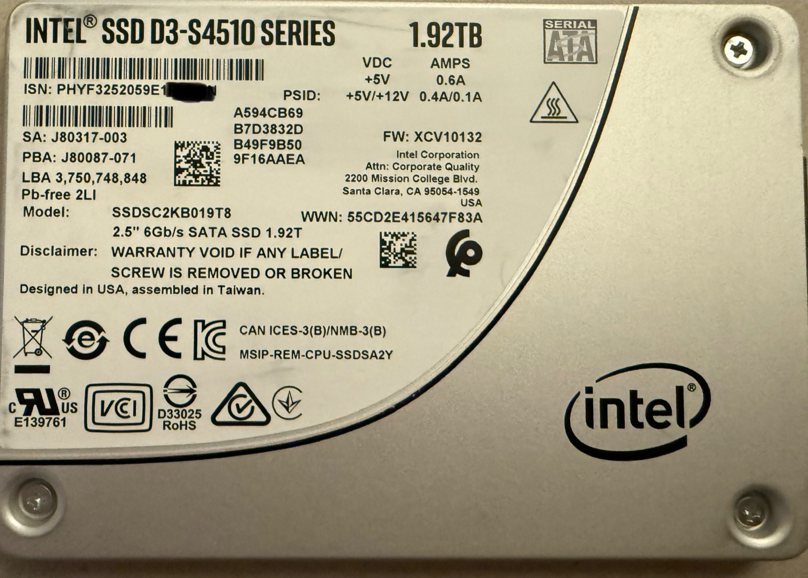 Intel D3-S4510 1.92TB 2.5” SATA SSD SSDSC2KB019T8 6Gb/s 100% Health