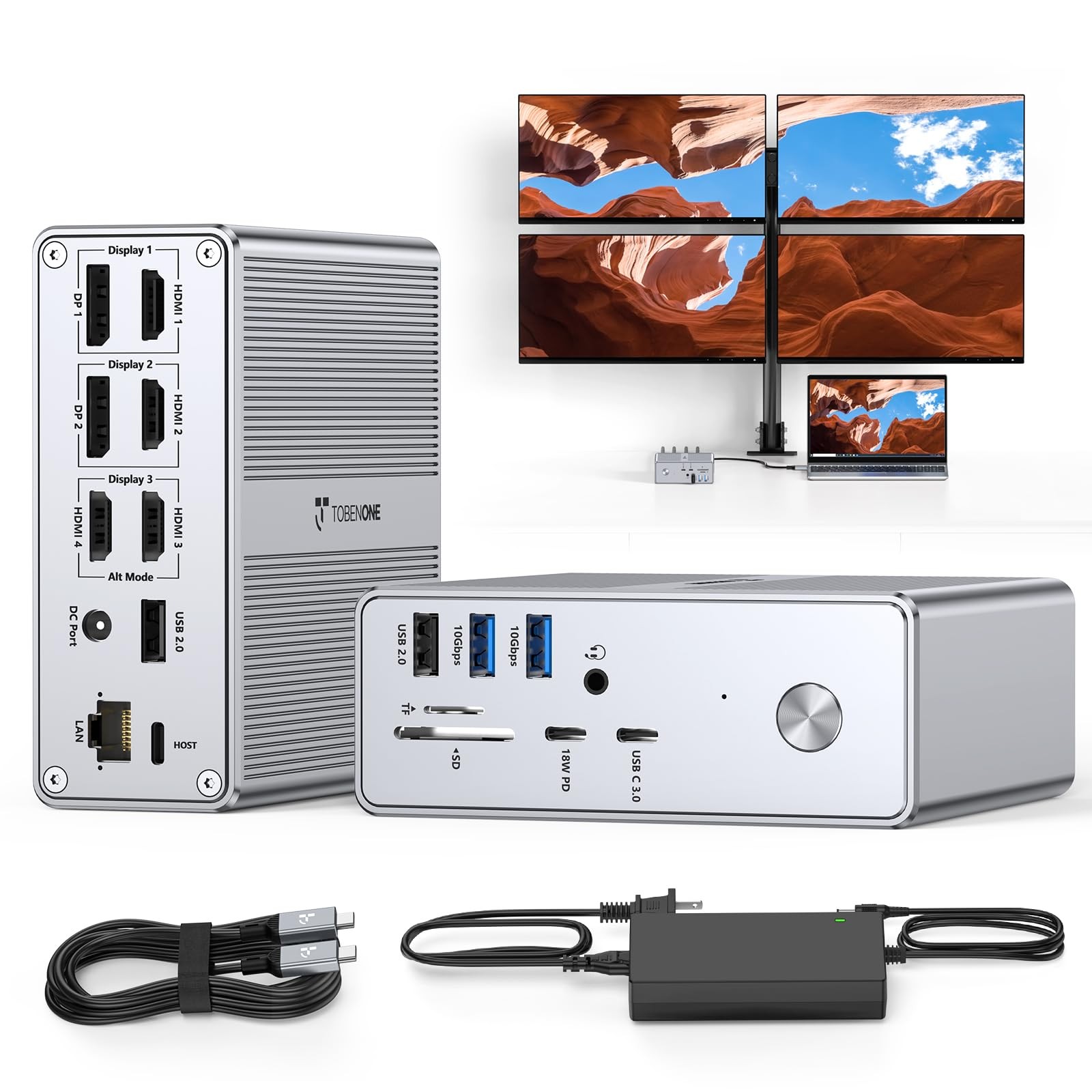 TobenONE Quad Monitor Dock 18 in 1 DisplayLink USB C Docking Station