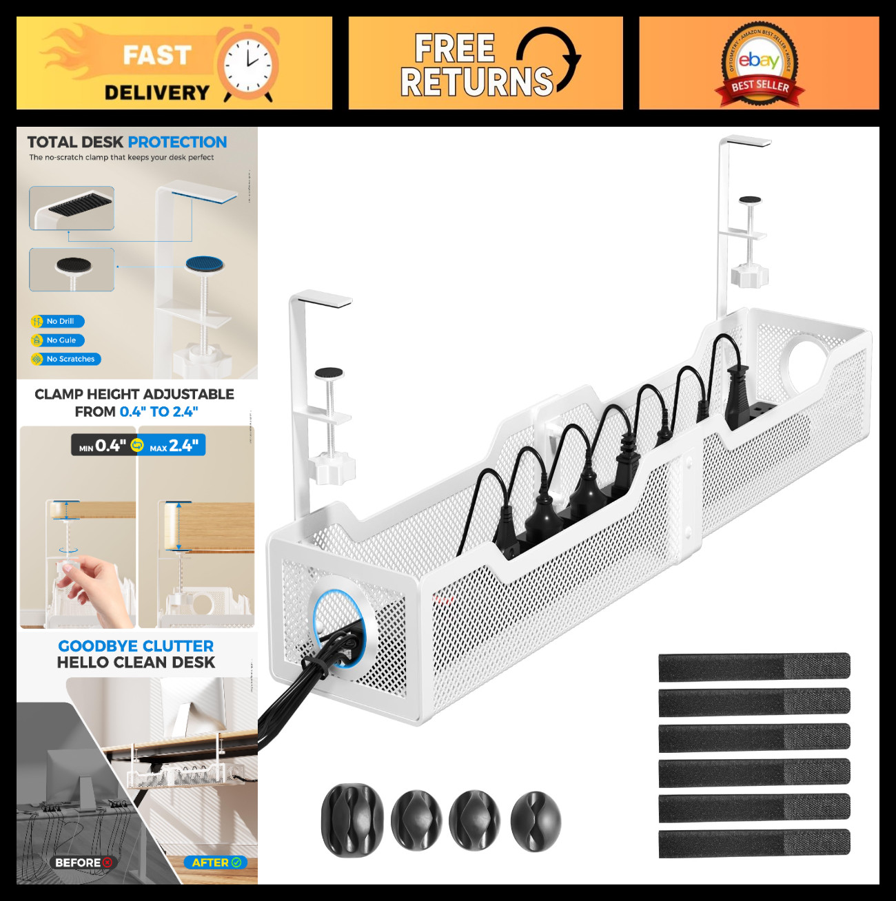 25" Extra Large Under Desk Cable Management Tray, No Drill Wire Organizer, Cord