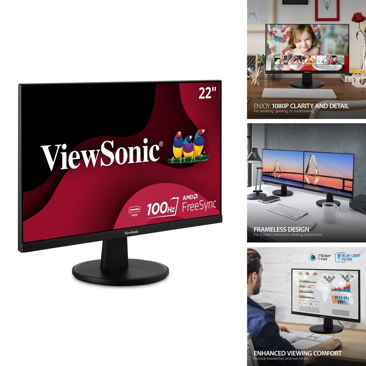 ViewSonic VS2247-MH 22 Inch 1080p Monitor 100Hz HDMI VGA Eye Care Thin Bezels