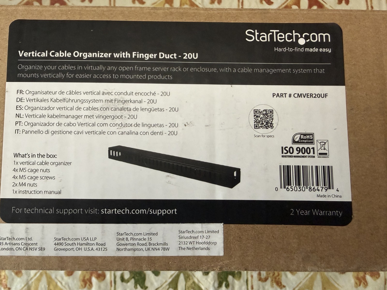 Startech Vertical Cable Organizer with Finger Duct -20U