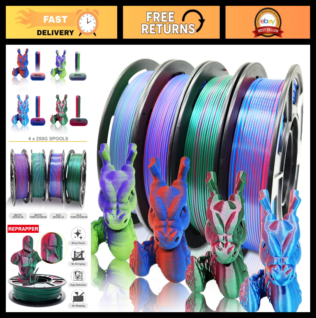 4x250g Dual Color PLA Filament 1.75mm for 3D Printers - Matte & Silk Spools