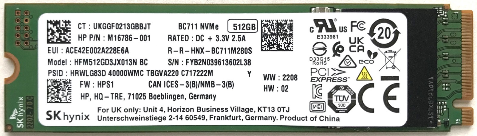 SK hynix 512GB BC711 NVMe PCIe Gen3x4 SSD HFM512GD3JX013N BC HP P/N: M16786-001