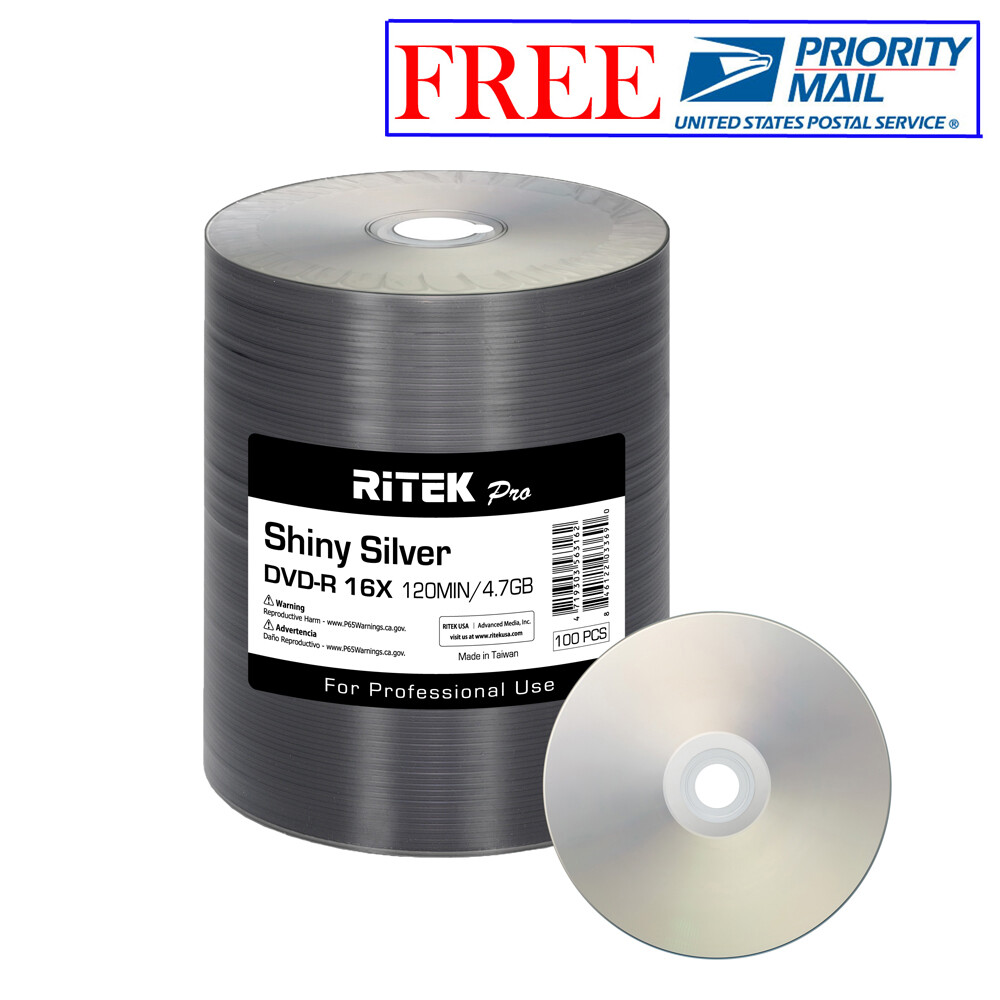 100 Pack Ritek Pro DVD-R 16X 4.7GB Shiny Silver Lacquer Blank Recordable Disc