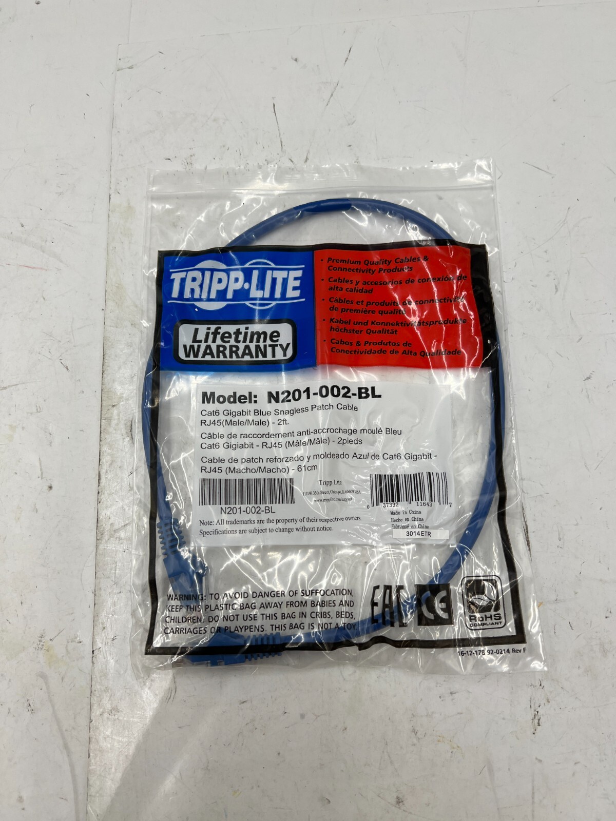 2 Pack Tripp-Lite Cat 6 Patch Cord N201-002-Bl  2 Ft Blue Gigabit Patch Cable