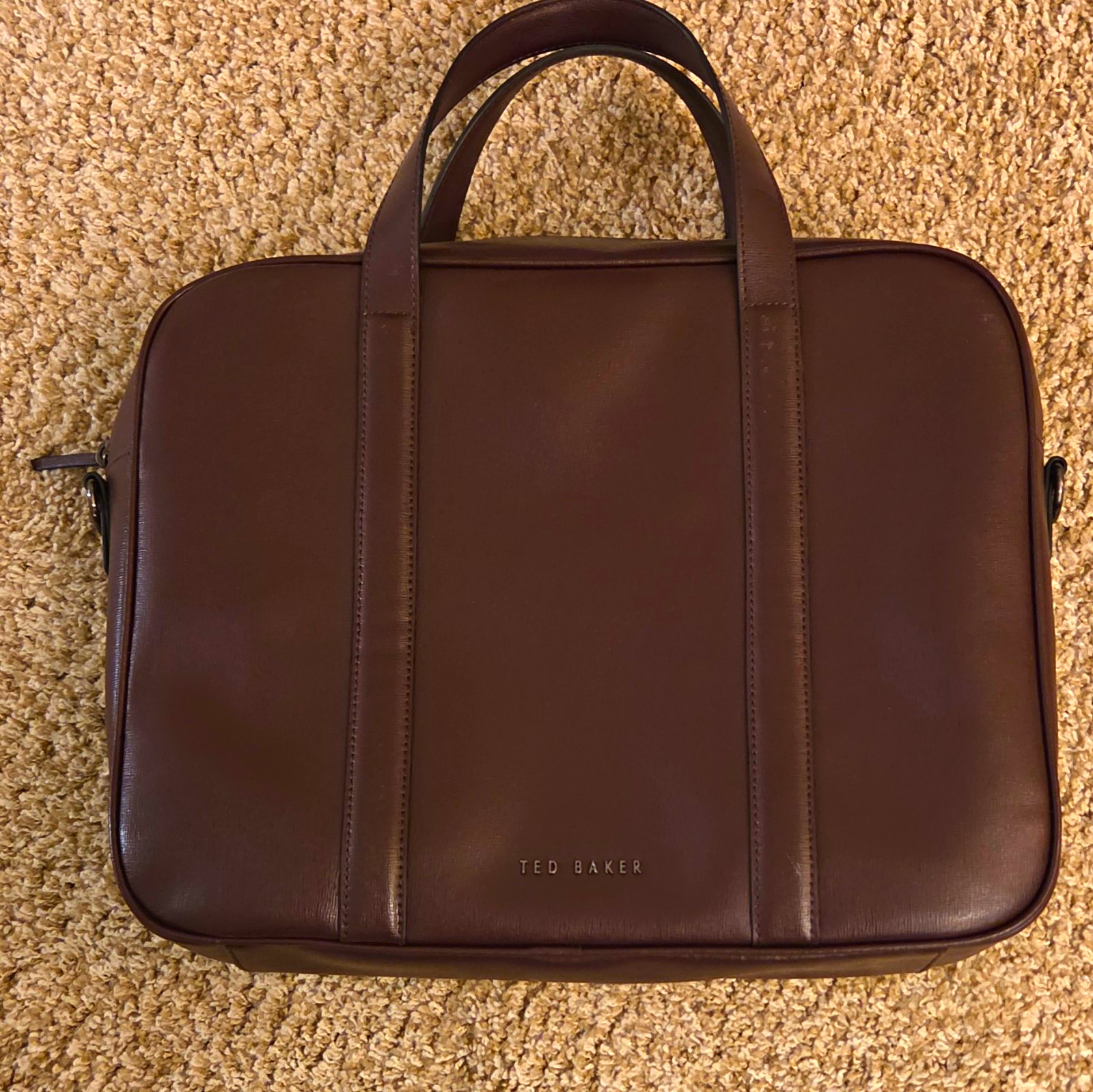 Ted Baker Brown Leather Laptop Briefcase Bag Solid, Carry Handles, Zip Closure