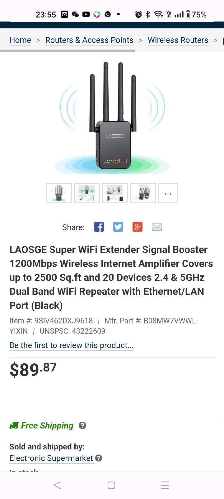 LAOSGE Super WiFi Extender Signal Booster, 1200Mbps WiFi Booster Wireless...