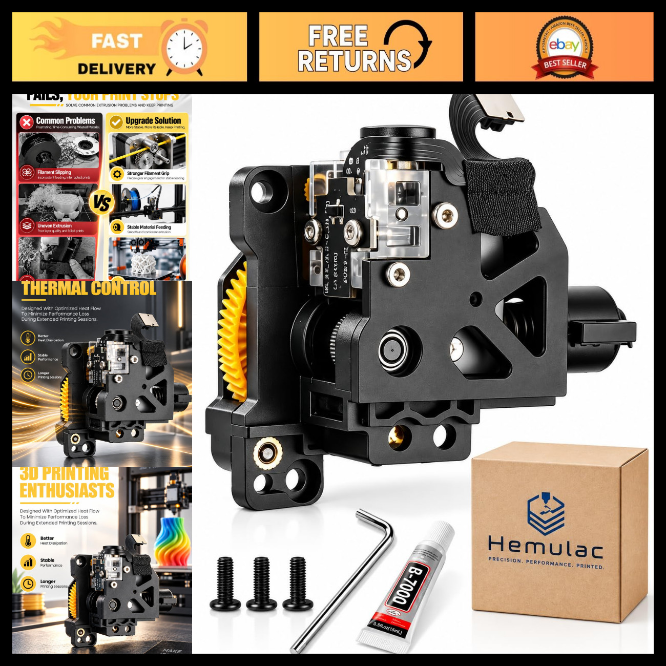 Hardened Steel Dual Gear Extruder for 3D Printers, High Torque, Filament Detecti
