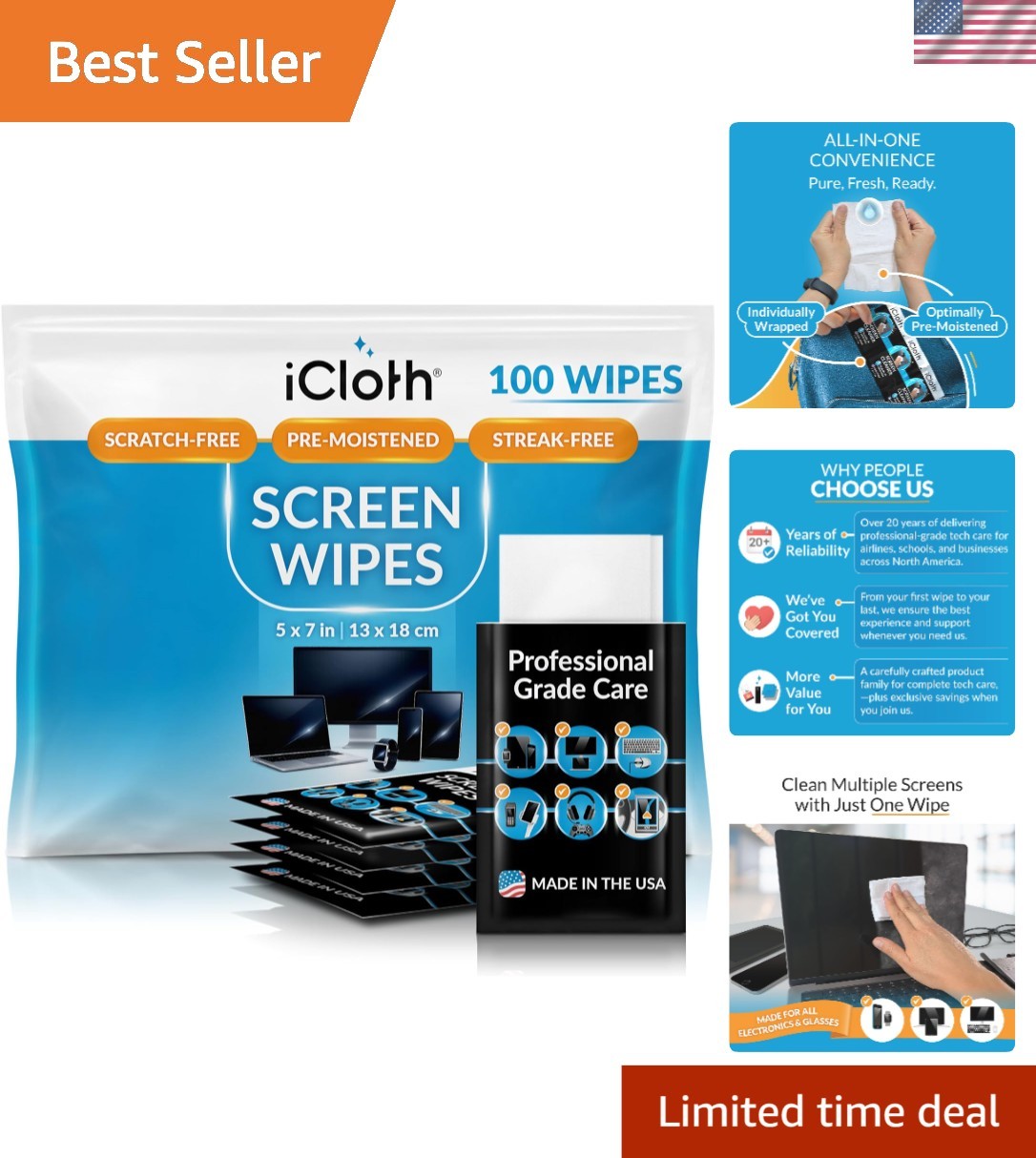 Large Screen Cleaning Wipes for Electronics - 100 Pack, Ammonia & Bleach Free