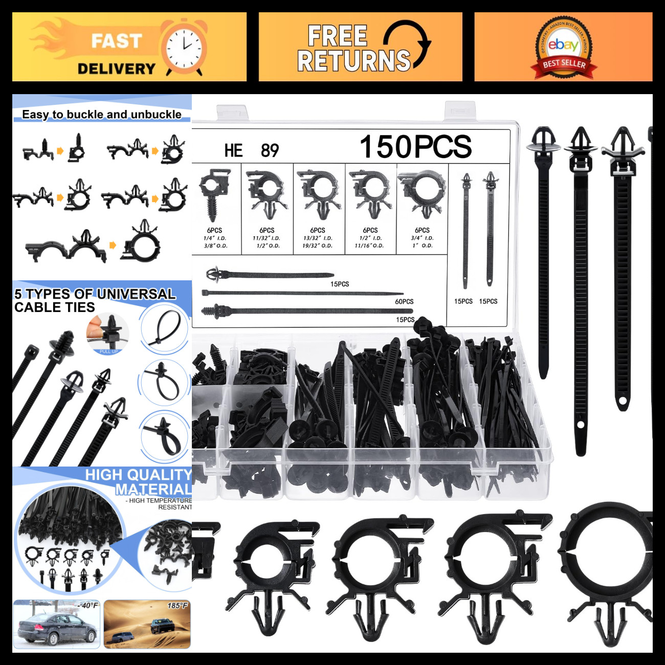 150 Pcs Wire Loom Clips - 15 Sizes Push Mount Cable Management for Cars