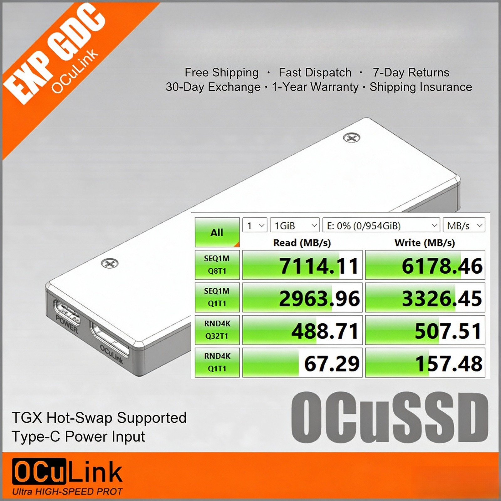 OCuSSD OCuLink External SSD Enclosure, PCIe4.0 X4 64Gbps Portable Hard DriveCase
